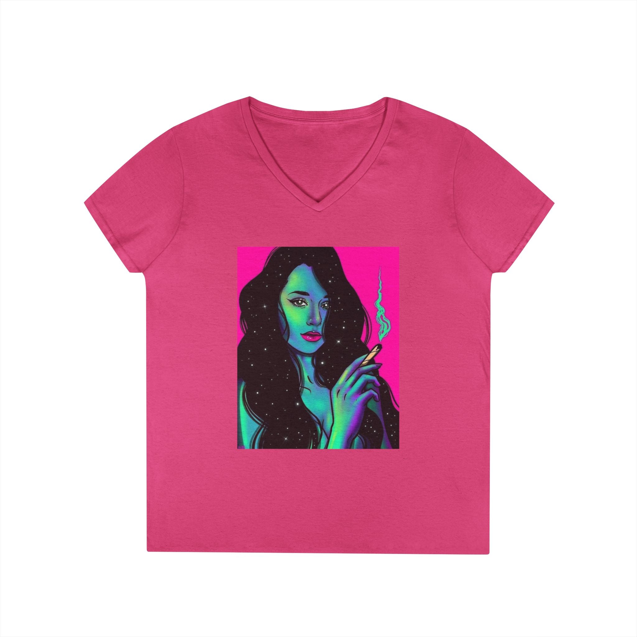 Cosmic Vibe Ladies' V-Neck T-Shirt with Mystical Artwork
