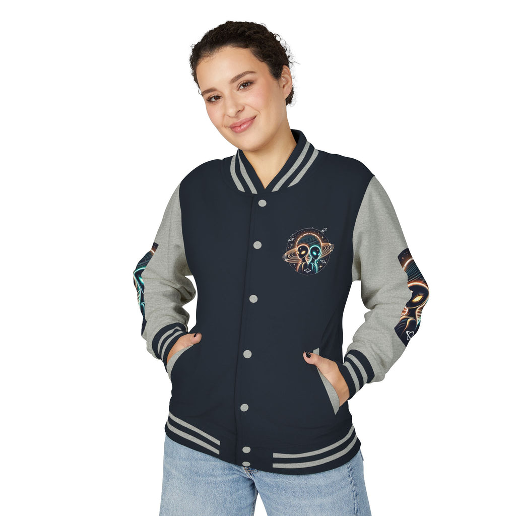 Cosmic Alien Letterman Jacket | Vintage Style Outerwear, Trendy Unisex Jacket, Space Theme Apparel, Perfect for Cosplay or Gift