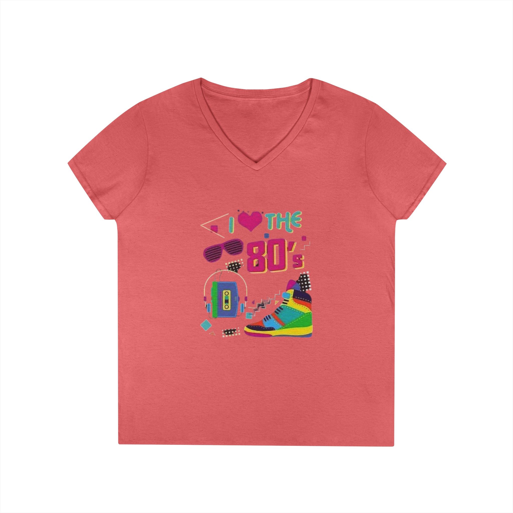 I Love The 80's Ladies' V-Neck T-Shirt, RetroStyle Tee, Vintage 80s Shirt, Perfect for Parties, Gifts for Her, Nostalgic Fashion
