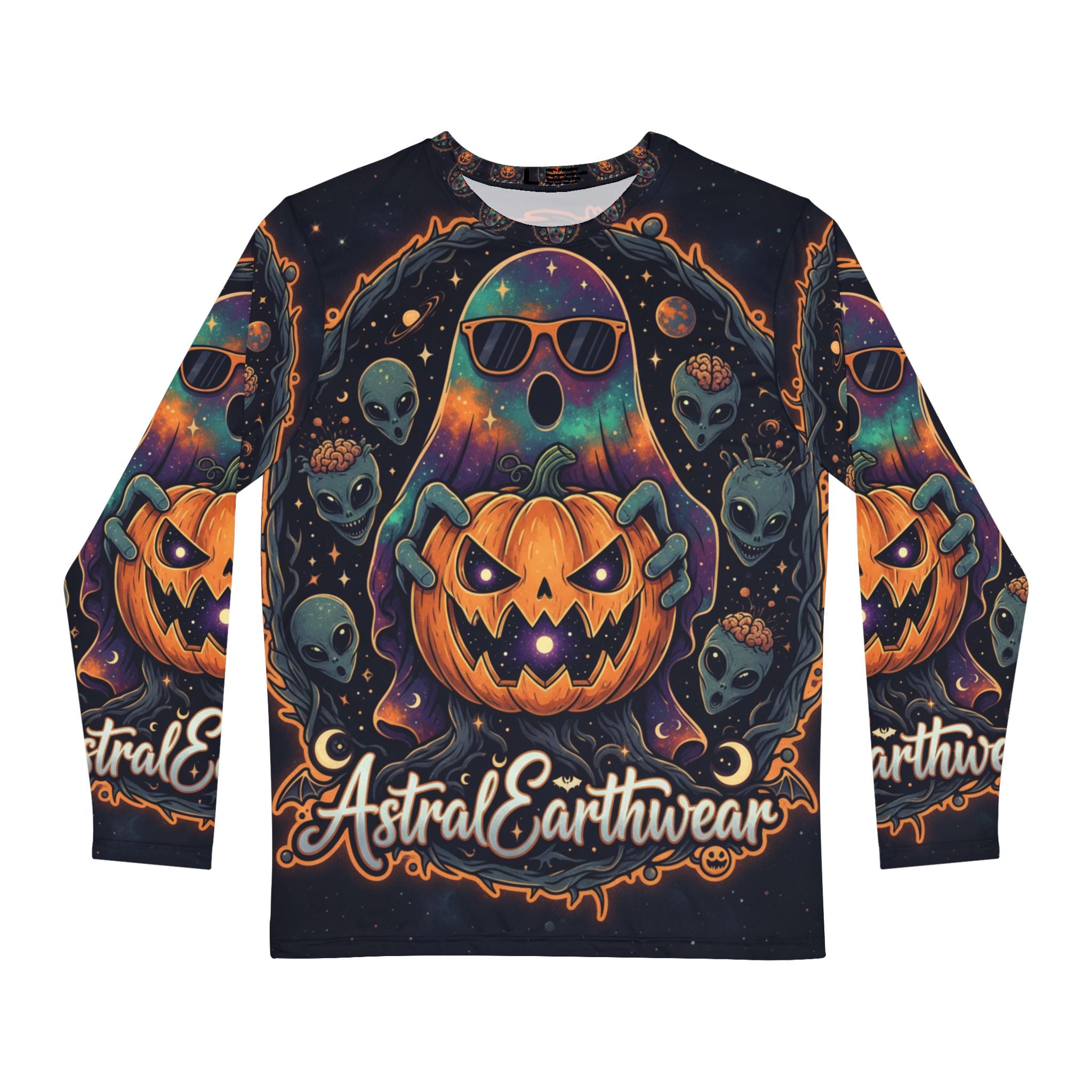 Cosmic Halloween Long Sleeve Shirt, Men's Festive Tee, Astral Earthwear Apparel, Spooky Season Gear, Unique Graphic Shirt