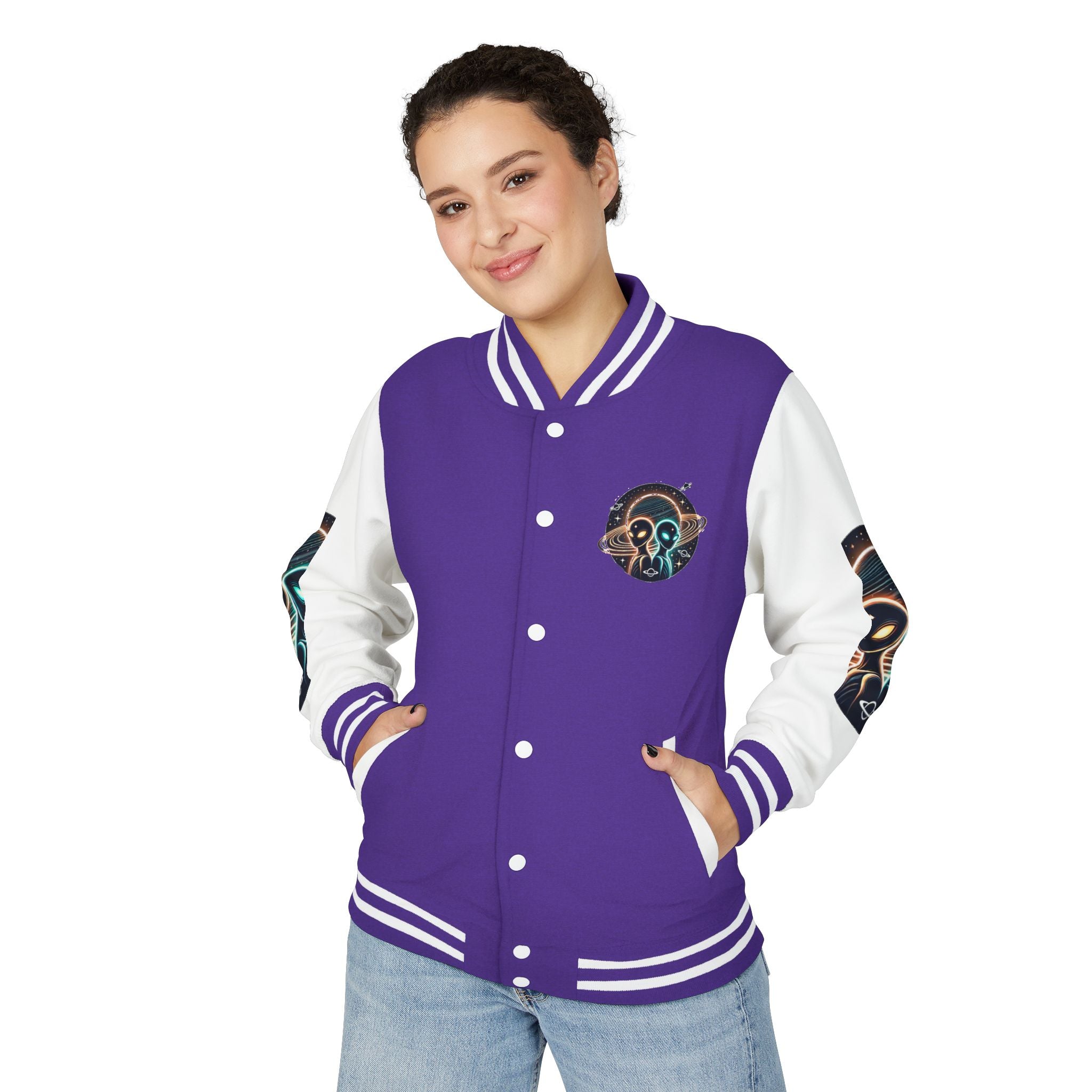 Cosmic Alien Letterman Jacket | Vintage Style Outerwear, Trendy Unisex Jacket, Space Theme Apparel, Perfect for Cosplay or Gift