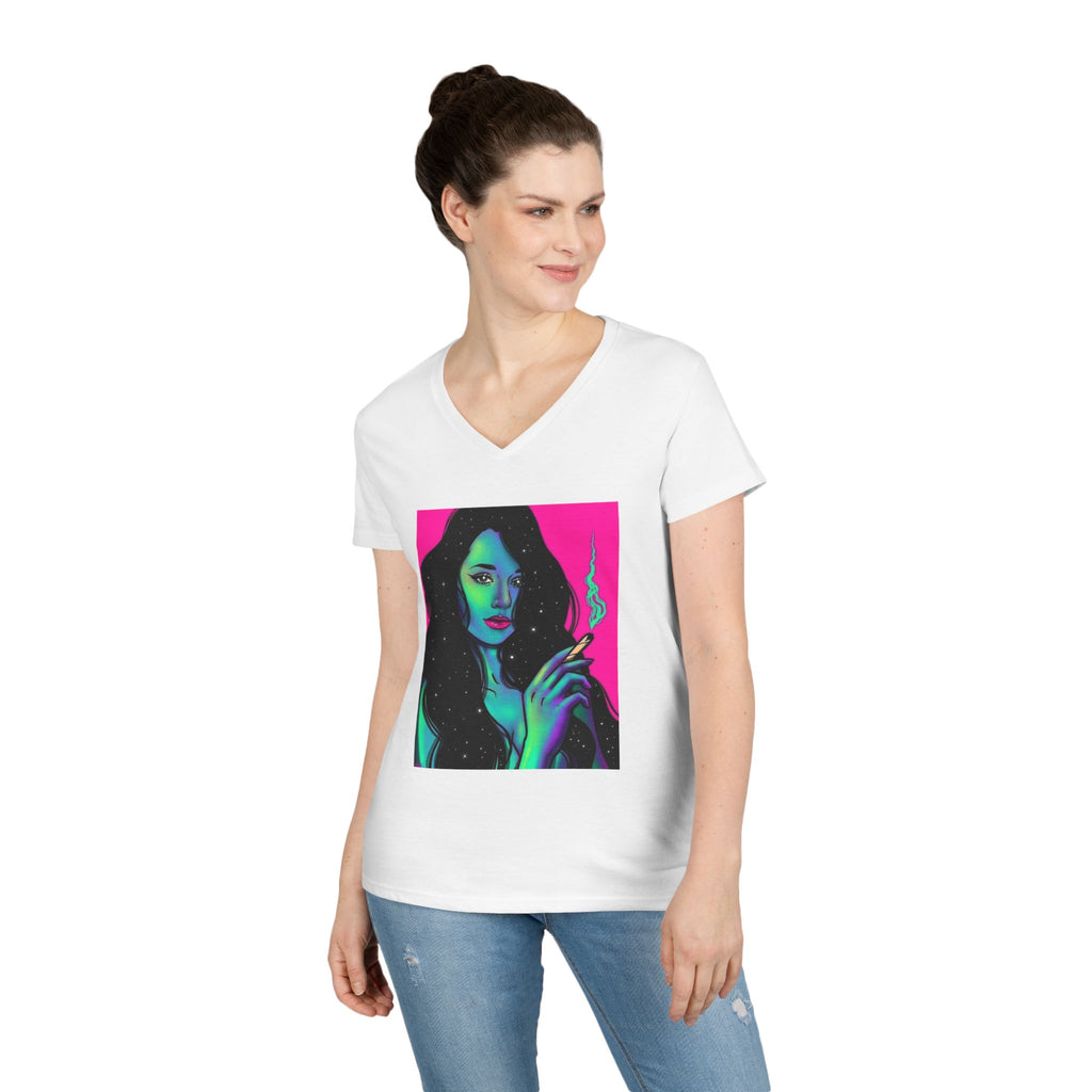 Cosmic Vibe Ladies' V-Neck T-Shirt with Mystical Artwork