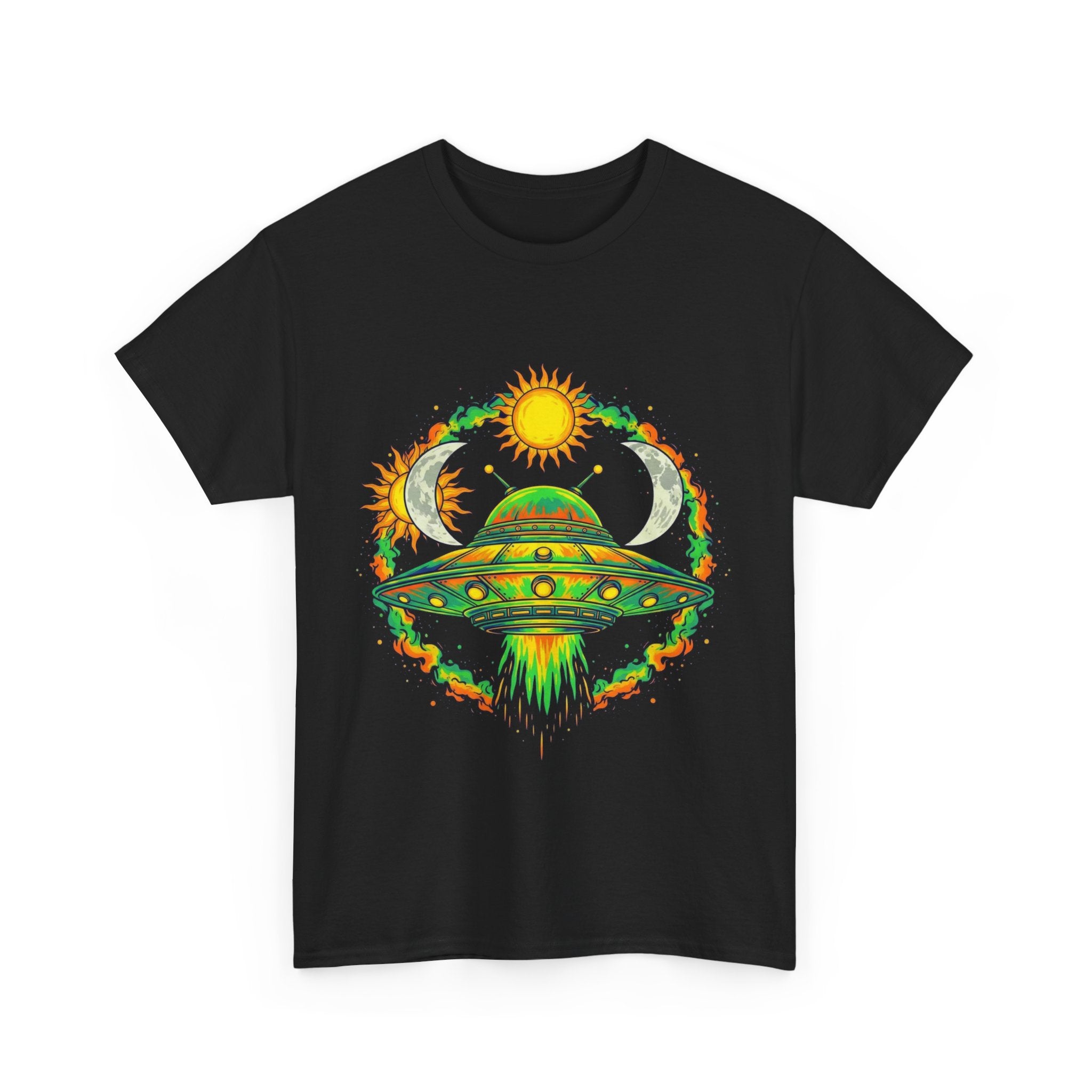 Cosmic Vibes Unisex Heavy Cotton Tee | UFO Graphic T-Shirt, Space Lover Gift, Festival Wear, Summer Style, Unique Tee