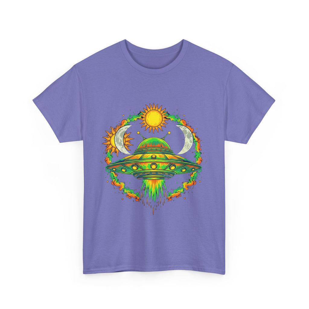 Cosmic Vibes Unisex Heavy Cotton Tee | UFO Graphic T-Shirt, Space Lover Gift, Festival Wear, Summer Style, Unique Tee