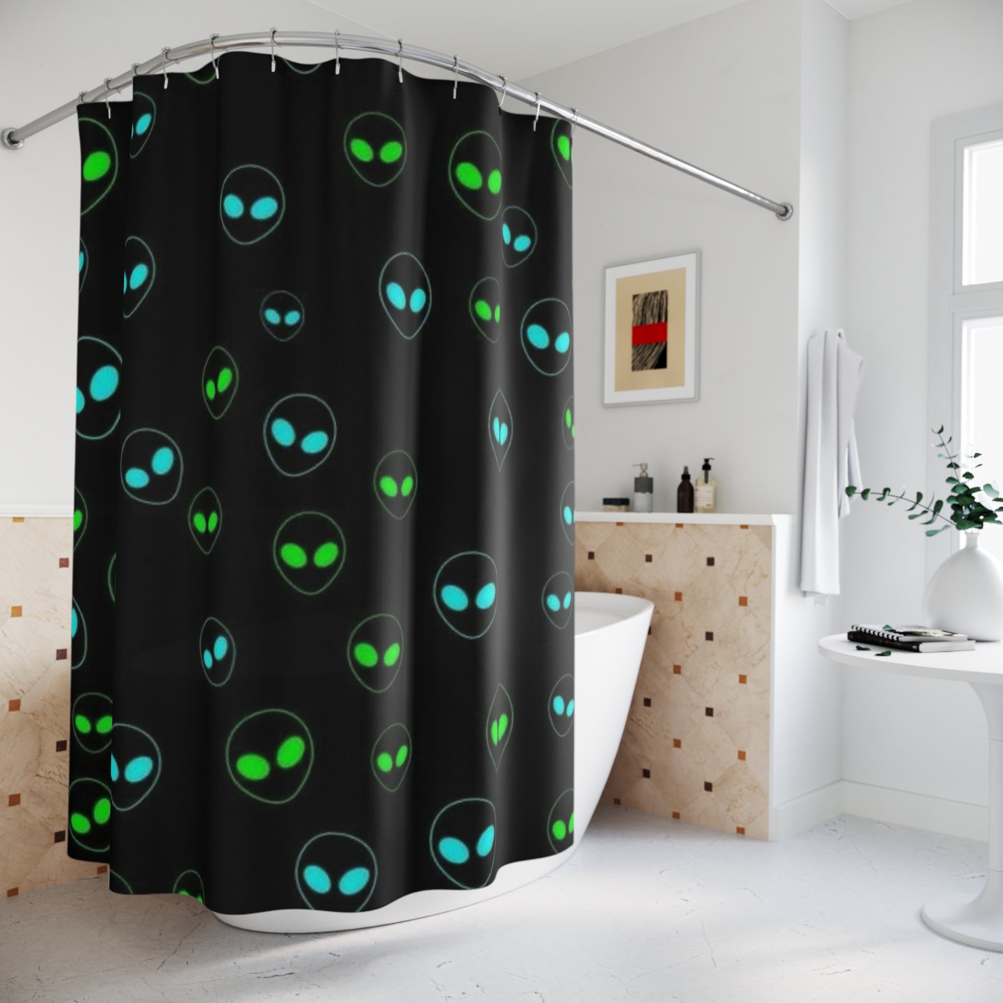 Alien-Inspired Shower Curtain - Fun Bathroom Decor for Sci-Fi Lovers, Gifts for Space Enthusiasts, Unique Home Accent, Modern Bathroom