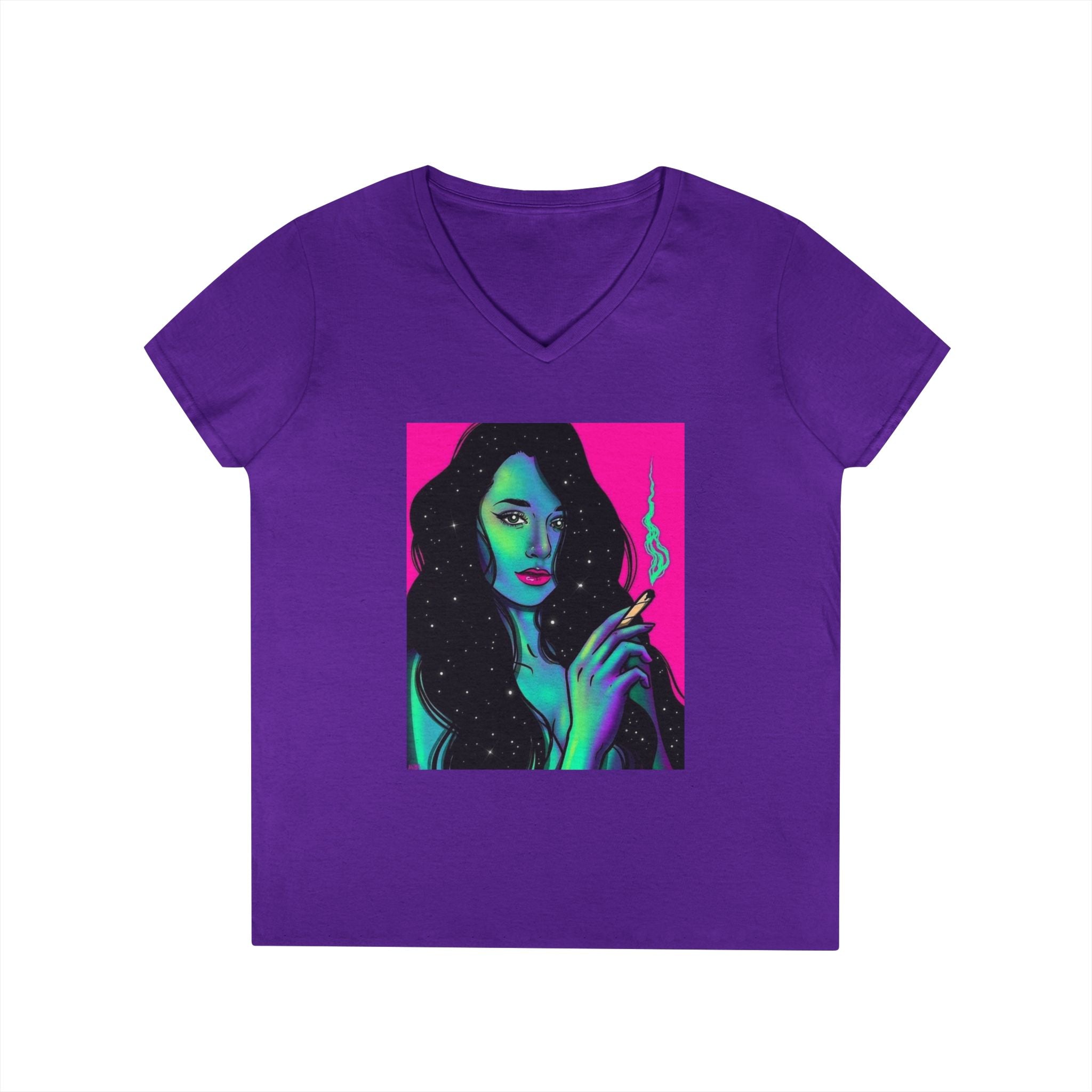 Cosmic Vibe Ladies' V-Neck T-Shirt with Mystical Artwork