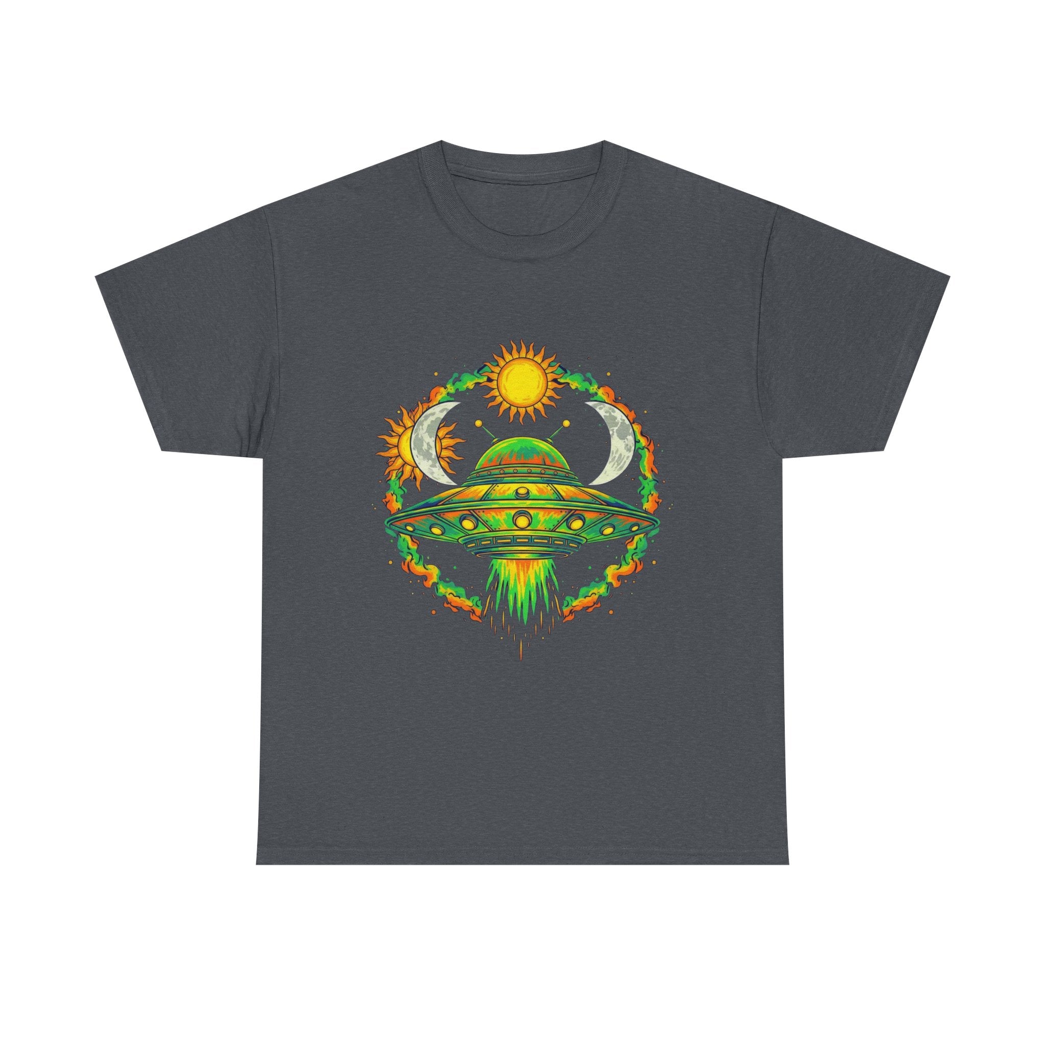 Cosmic Vibes Unisex Heavy Cotton Tee | UFO Graphic T-Shirt, Space Lover Gift, Festival Wear, Summer Style, Unique Tee