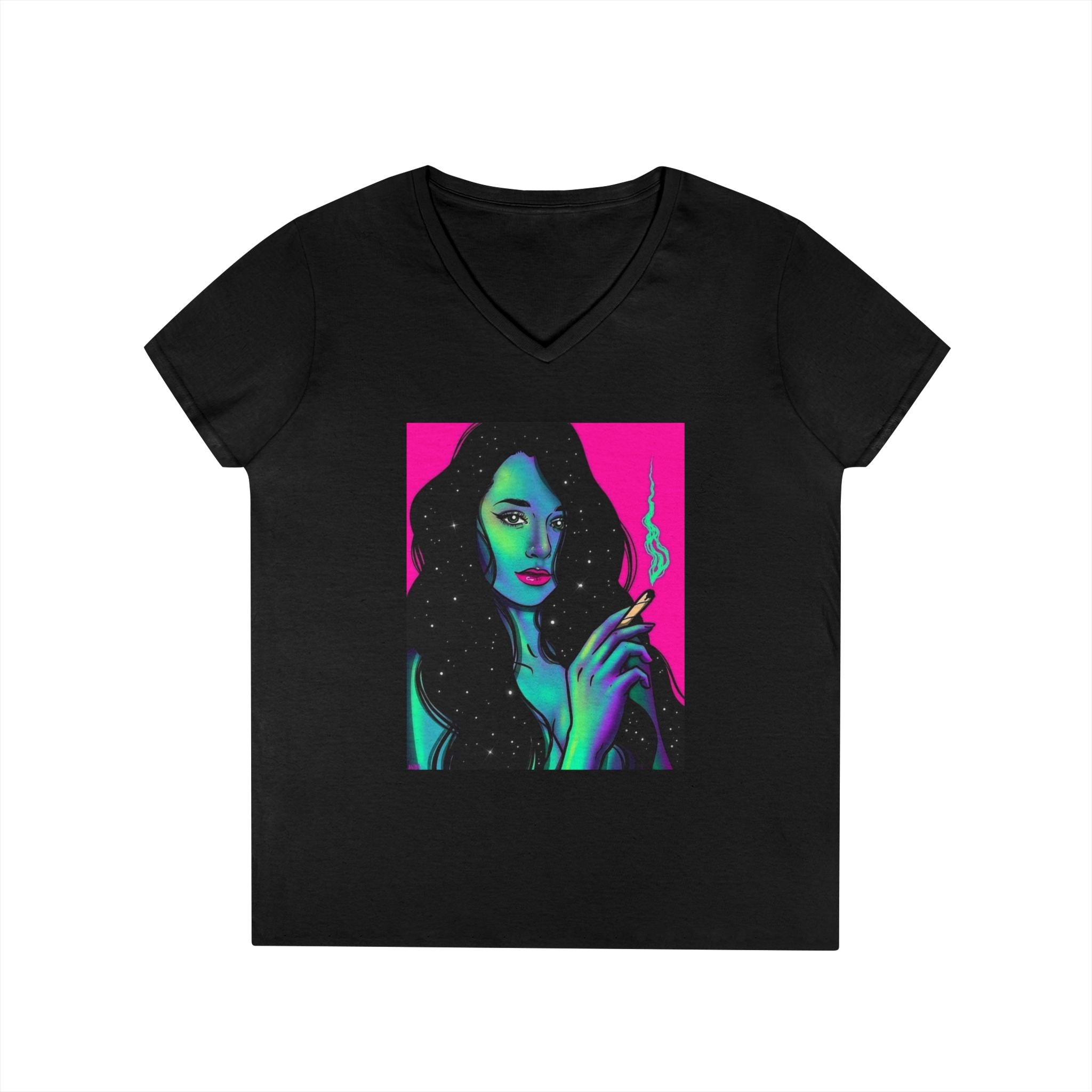 Cosmic Vibe Ladies' V-Neck T-Shirt with Mystical Artwork