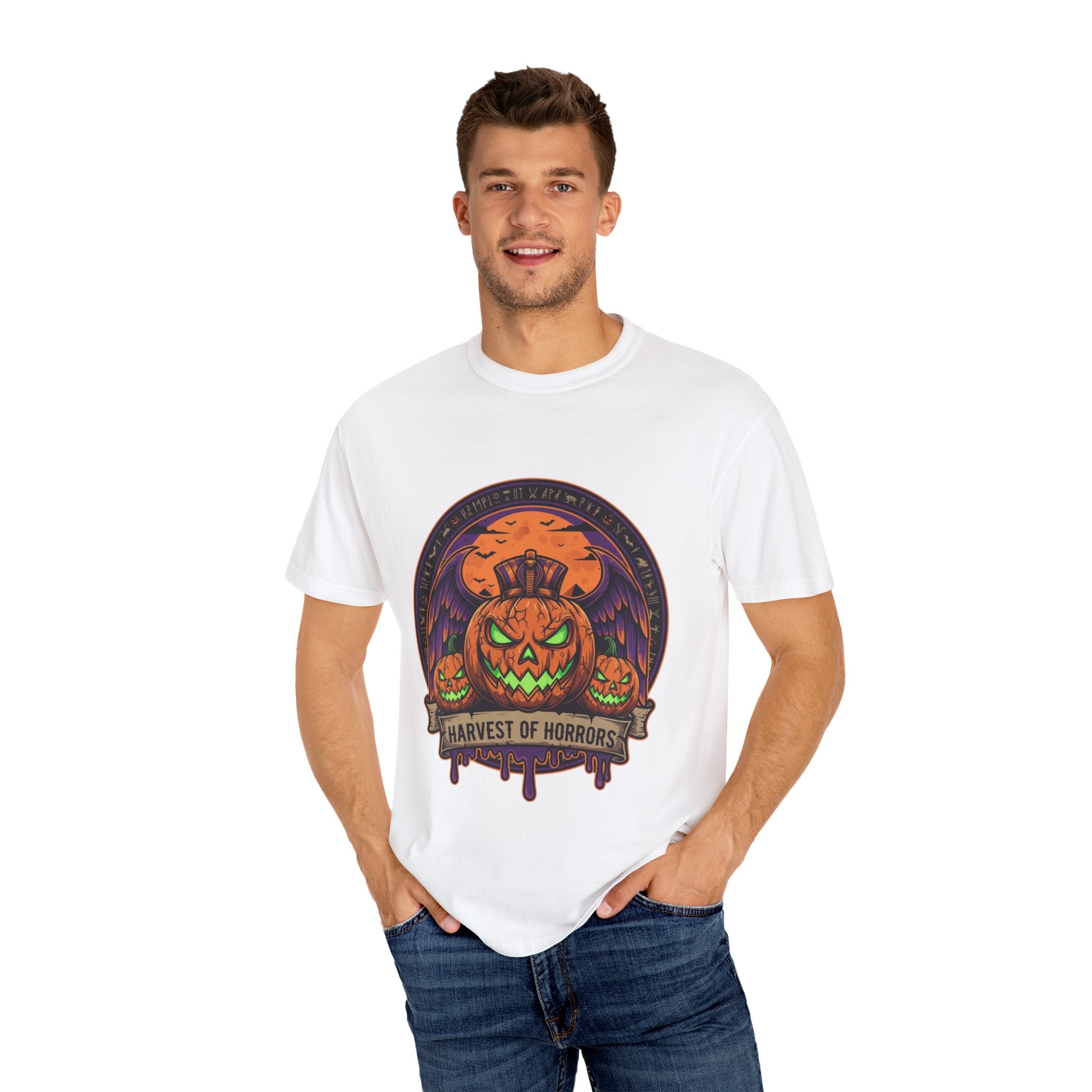 Harvest of Horrors Unisex T-shirt | Halloween Apparel, Spooky Graphic Tee, Fall Fashion, Pumpkin Shirt, October Outfit