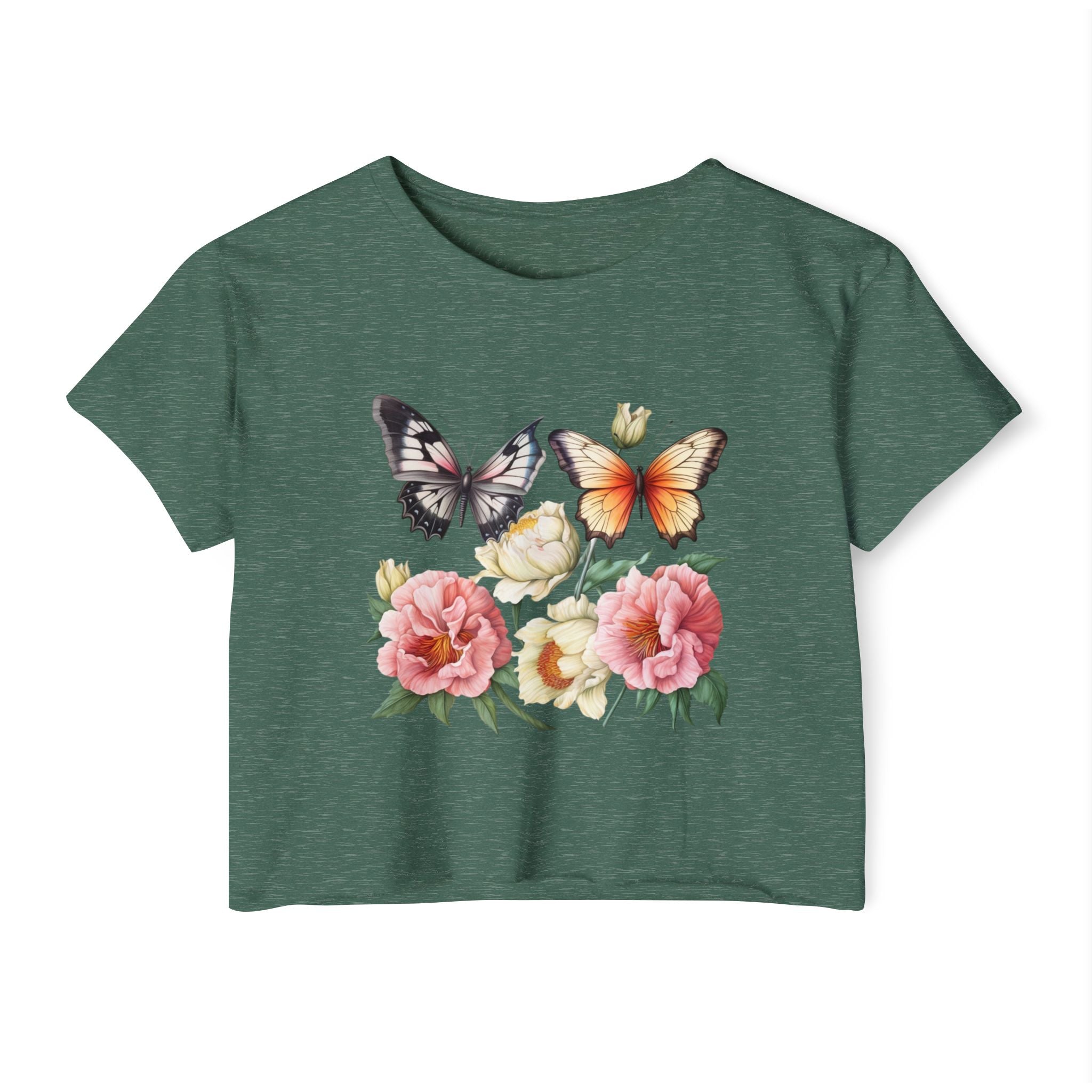 Bohemian Butterfly Crop Top, Festival Clothing, Summer Top, Women's T-Shirt, Floral Print Tee, Casual Wear, Gift for Her