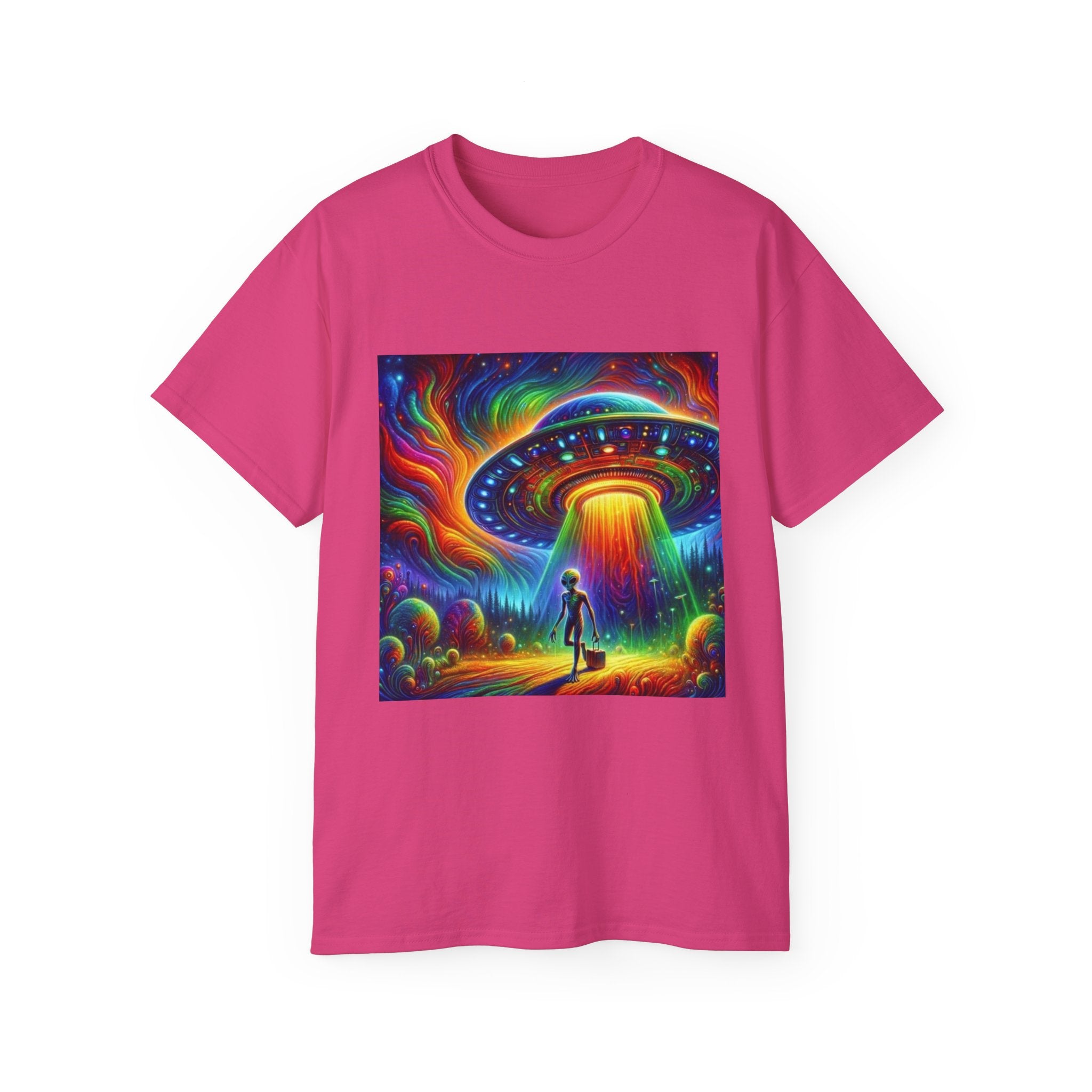 Cosmic Adventure Tee - Unisex Ultra Cotton T-Shirt, UFO Graphic Tee, Colorful Sci-Fi Shirt, Perfect for Festivals, Gift for Space Lovers