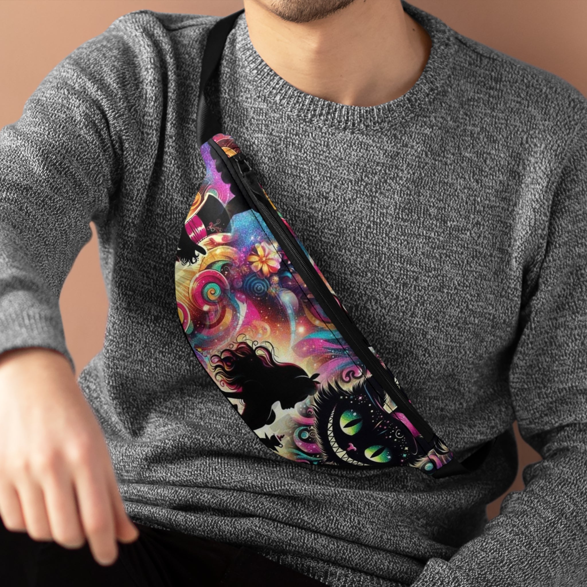 Psychedelic Fanny Pack, Colorful Waist Bag for Festivals, Boho Style Bag, Unique Accessories for Music Lovers, Cat Lover Gift