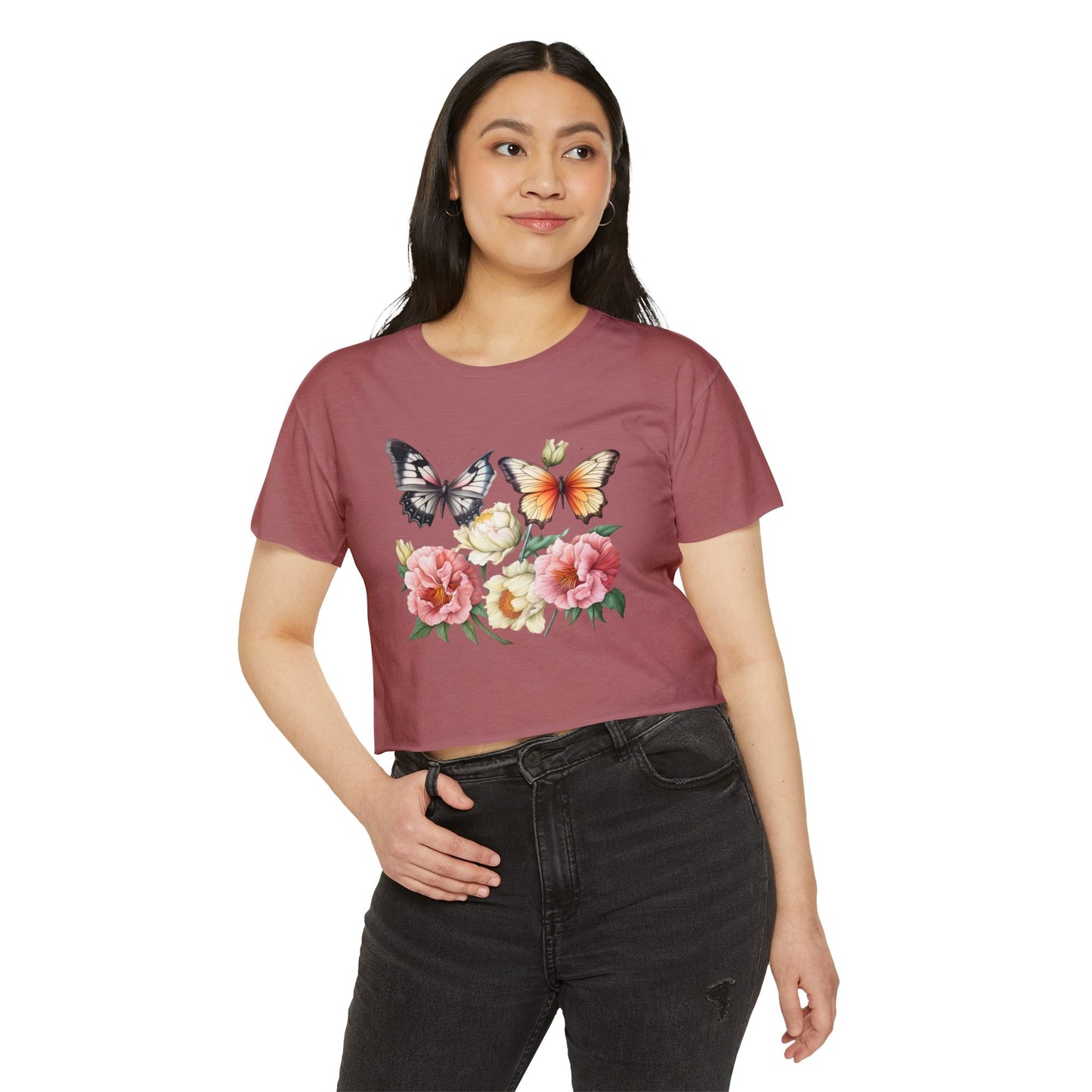 Bohemian Butterfly Crop Top, Festival Clothing, Summer Top, Women's T-Shirt, Floral Print Tee, Casual Wear, Gift for Her