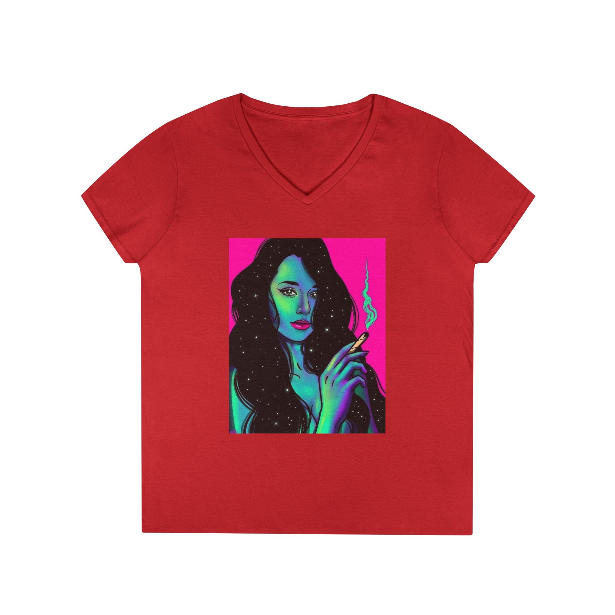 Cosmic Vibe Ladies' V-Neck T-Shirt with Mystical Artwork