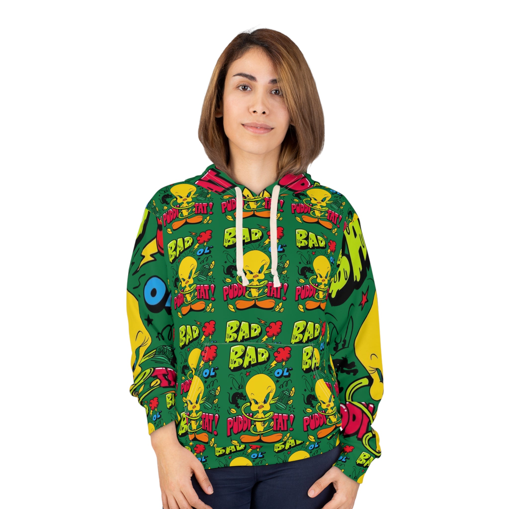 Bold Cartoon Hoodie, Fun Unisex Pullover, Cartoonish Style, Unique Gift for Tweety Fans, Playful Apparel for Kids and Adults
