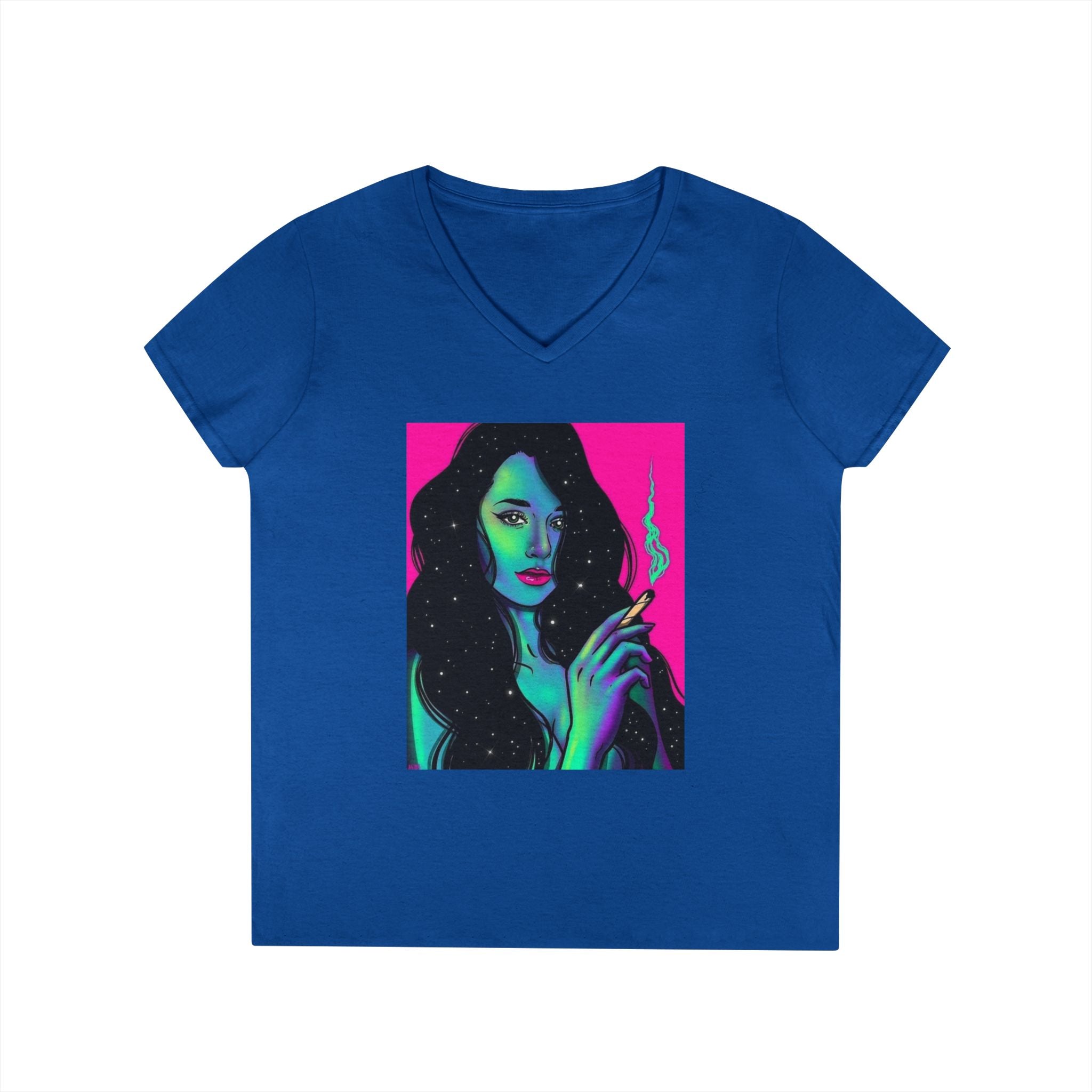 Cosmic Vibe Ladies' V-Neck T-Shirt with Mystical Artwork