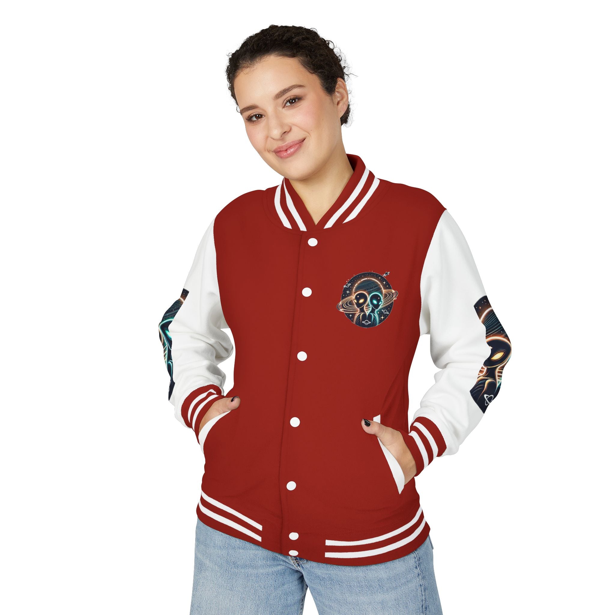 Cosmic Alien Letterman Jacket | Vintage Style Outerwear, Trendy Unisex Jacket, Space Theme Apparel, Perfect for Cosplay or Gift