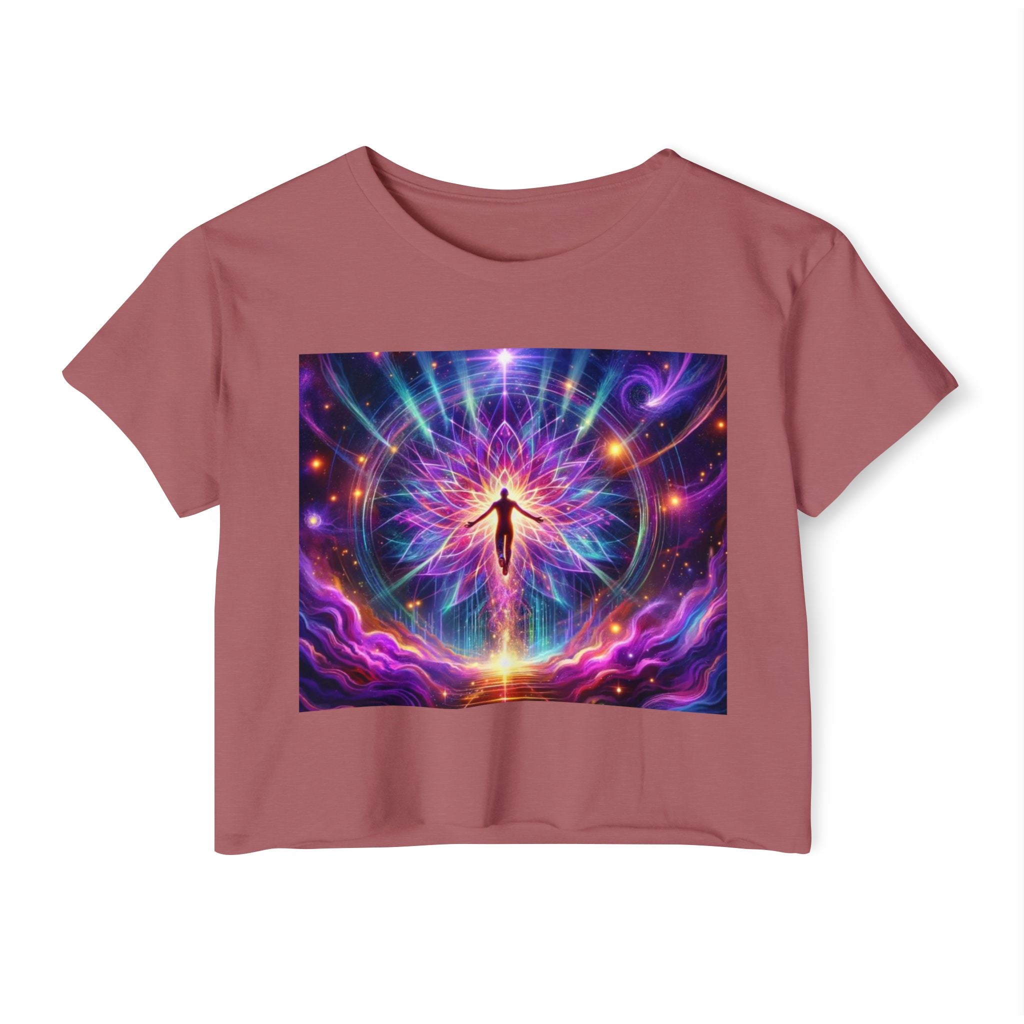 Colorful Cosmic Women's Festival Crop Top, Boho Summer Shirt, Music Festival Wear, Psychedelic Tee, Yoga Top, Gift for Her