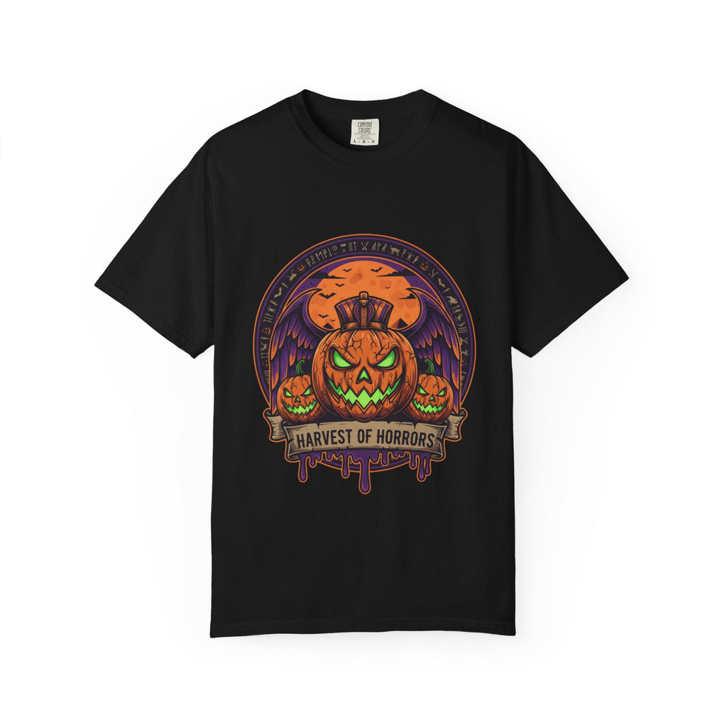 Harvest of Horrors Unisex T-shirt | Halloween Apparel, Spooky Graphic Tee, Fall Fashion, Pumpkin Shirt, October Outfit