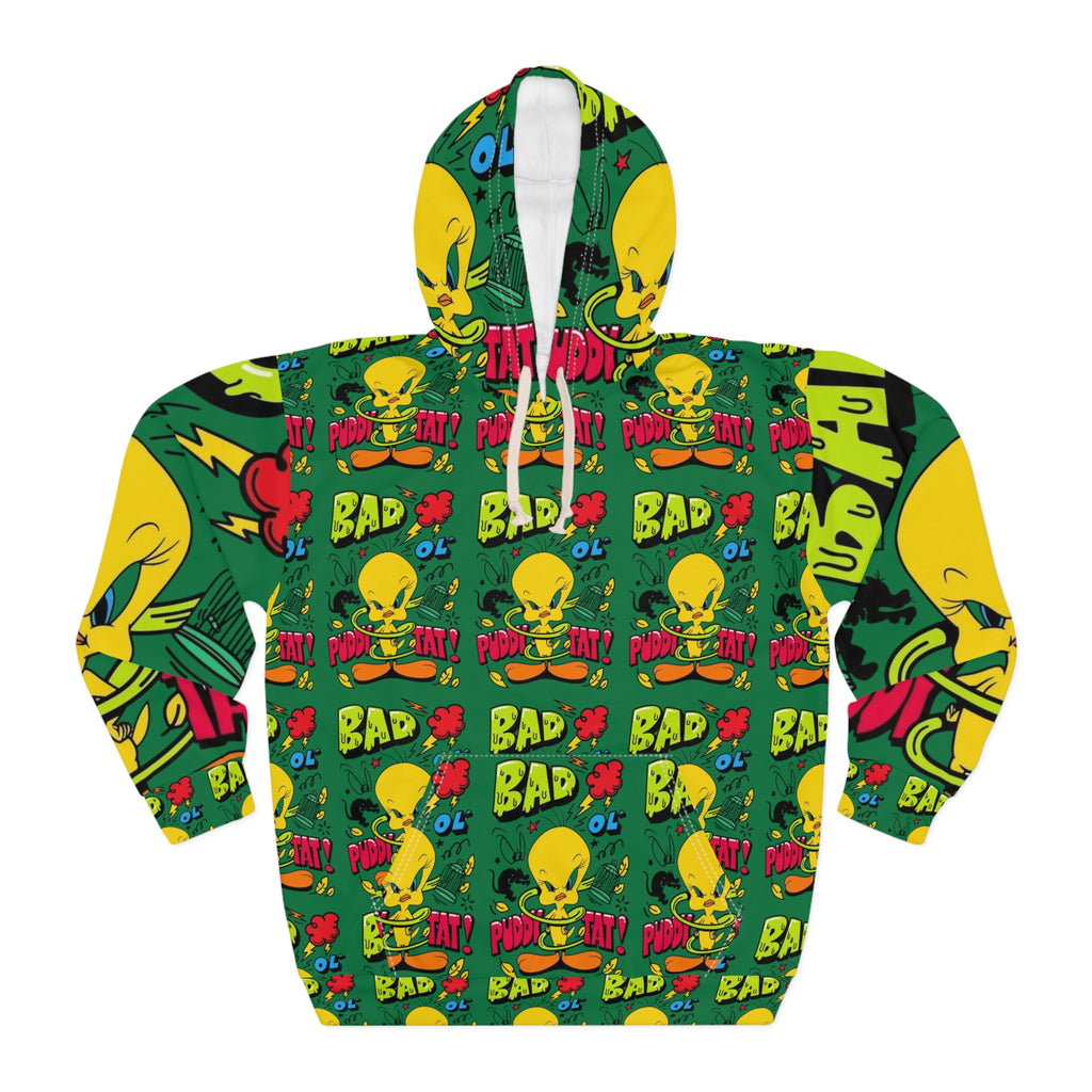 Bold Cartoon Hoodie, Fun Unisex Pullover, Cartoonish Style, Unique Gift for Tweety Fans, Playful Apparel for Kids and Adults