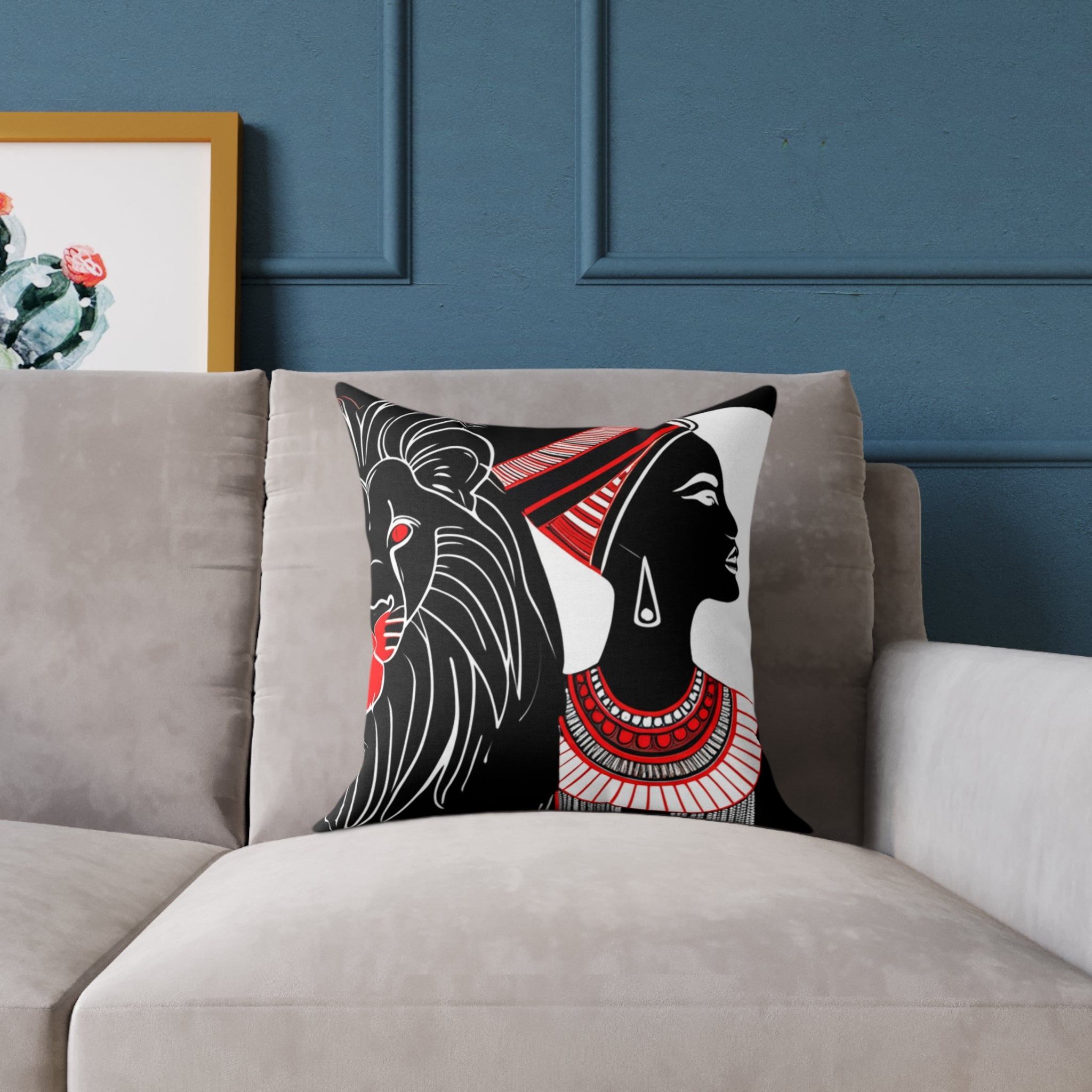 African Pride Square Pillow, Boho Decor, Lion and Woman Design, Ethnic Home Accent, Gift for Her, Cultural Cushion