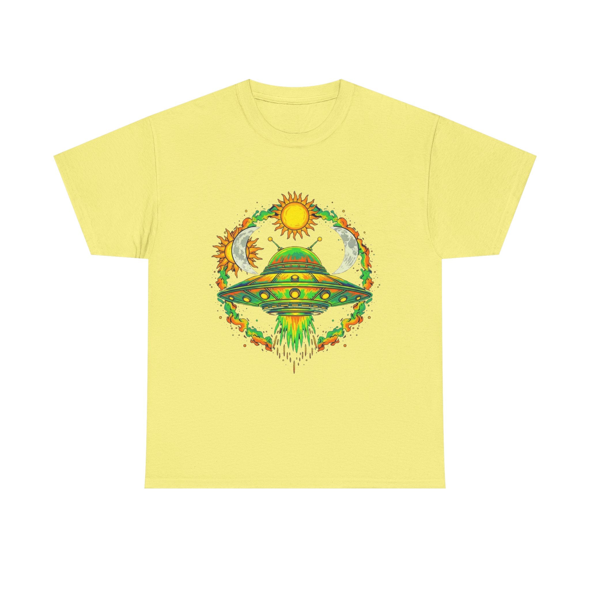 Cosmic Vibes Unisex Heavy Cotton Tee | UFO Graphic T-Shirt, Space Lover Gift, Festival Wear, Summer Style, Unique Tee