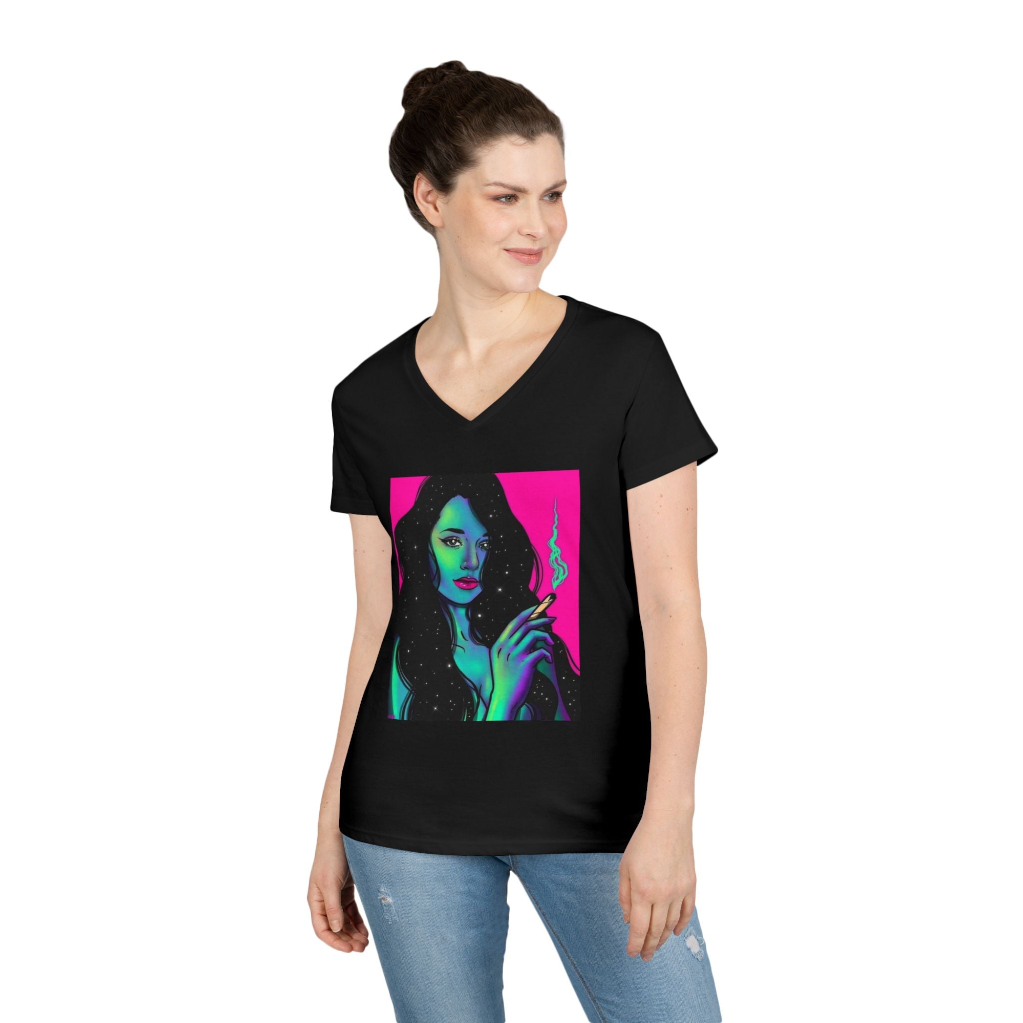 Cosmic Vibe Ladies' V-Neck T-Shirt with Mystical Artwork