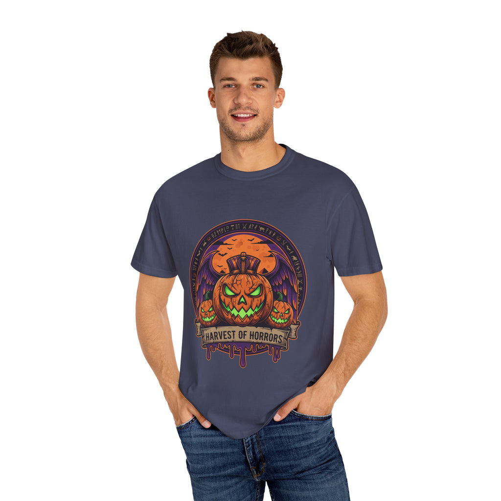 Harvest of Horrors Unisex T-shirt | Halloween Apparel, Spooky Graphic Tee, Fall Fashion, Pumpkin Shirt, October Outfit