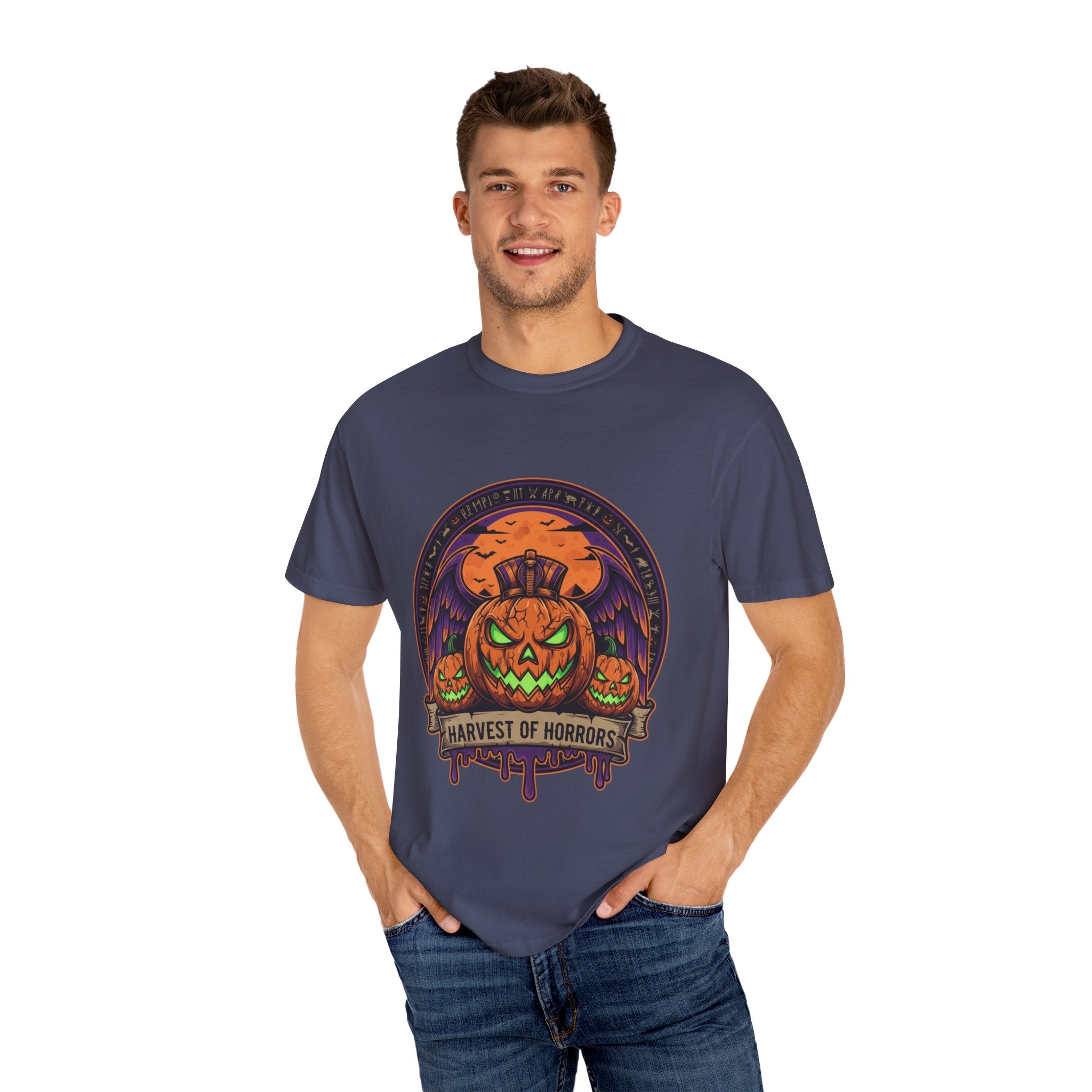 Harvest of Horrors Unisex T-shirt | Halloween Apparel, Spooky Graphic Tee, Fall Fashion, Pumpkin Shirt, October Outfit