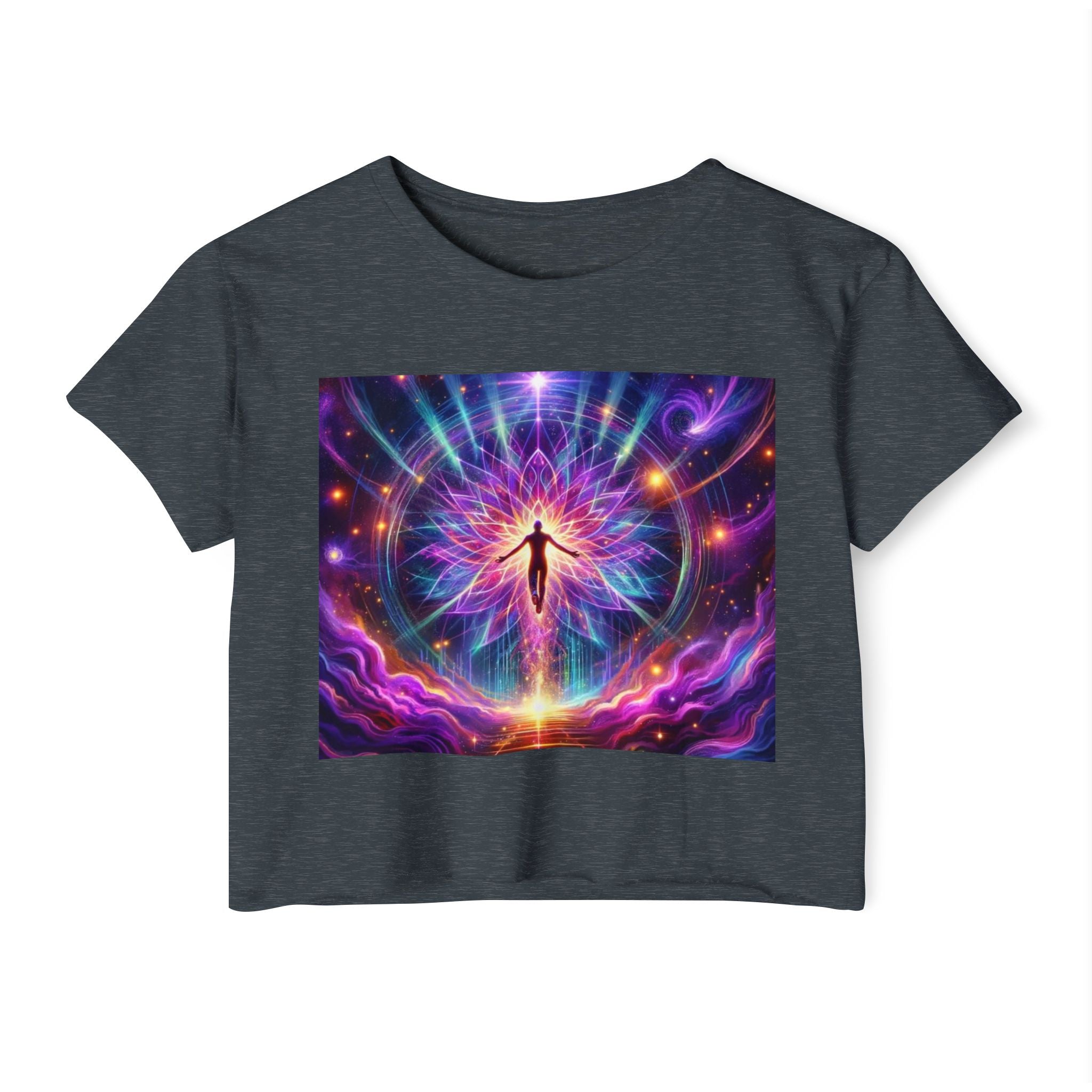 Colorful Cosmic Women's Festival Crop Top, Boho Summer Shirt, Music Festival Wear, Psychedelic Tee, Yoga Top, Gift for Her