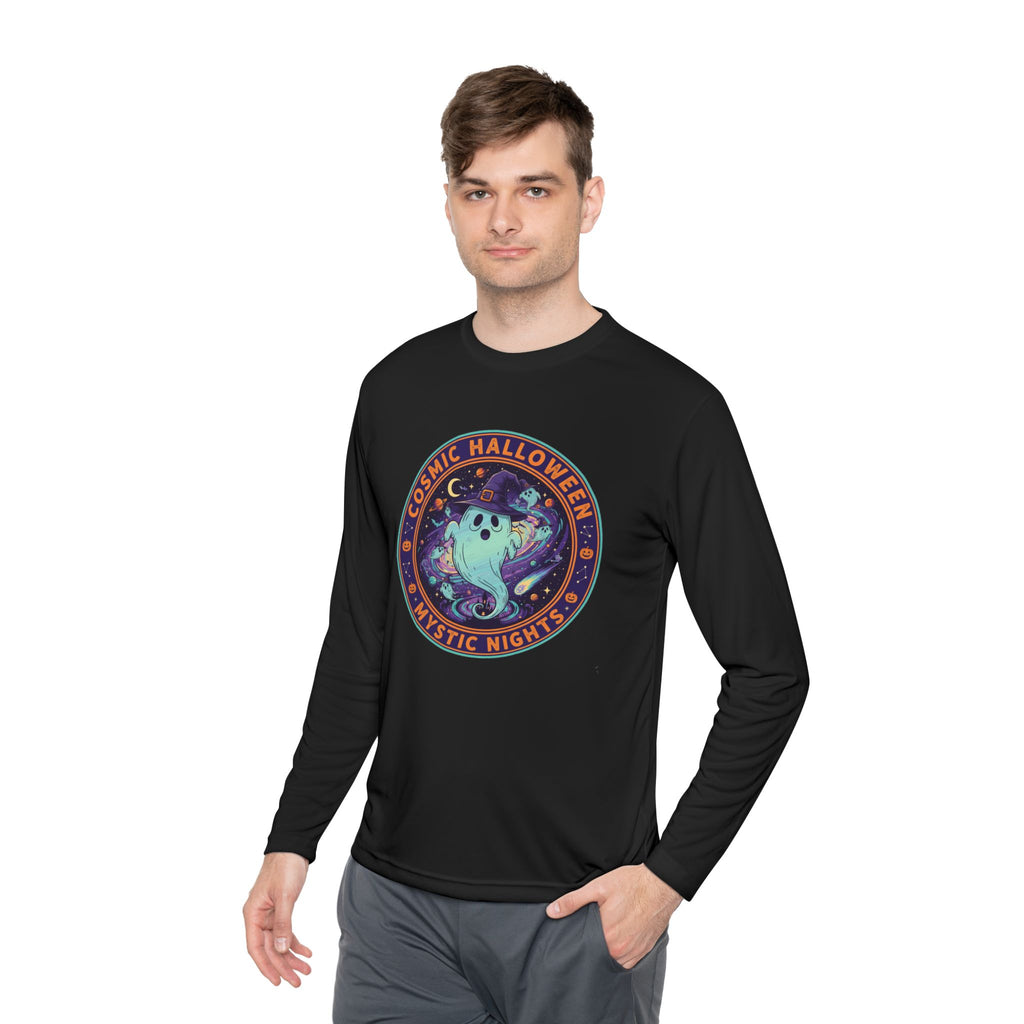 Cosmic Halloween Unisex Lightweight Long Sleeve Tee, Spooky Apparel for Fall, Ghost Graphic Tee, Mystic Nights Shirt, Halloween Fashion