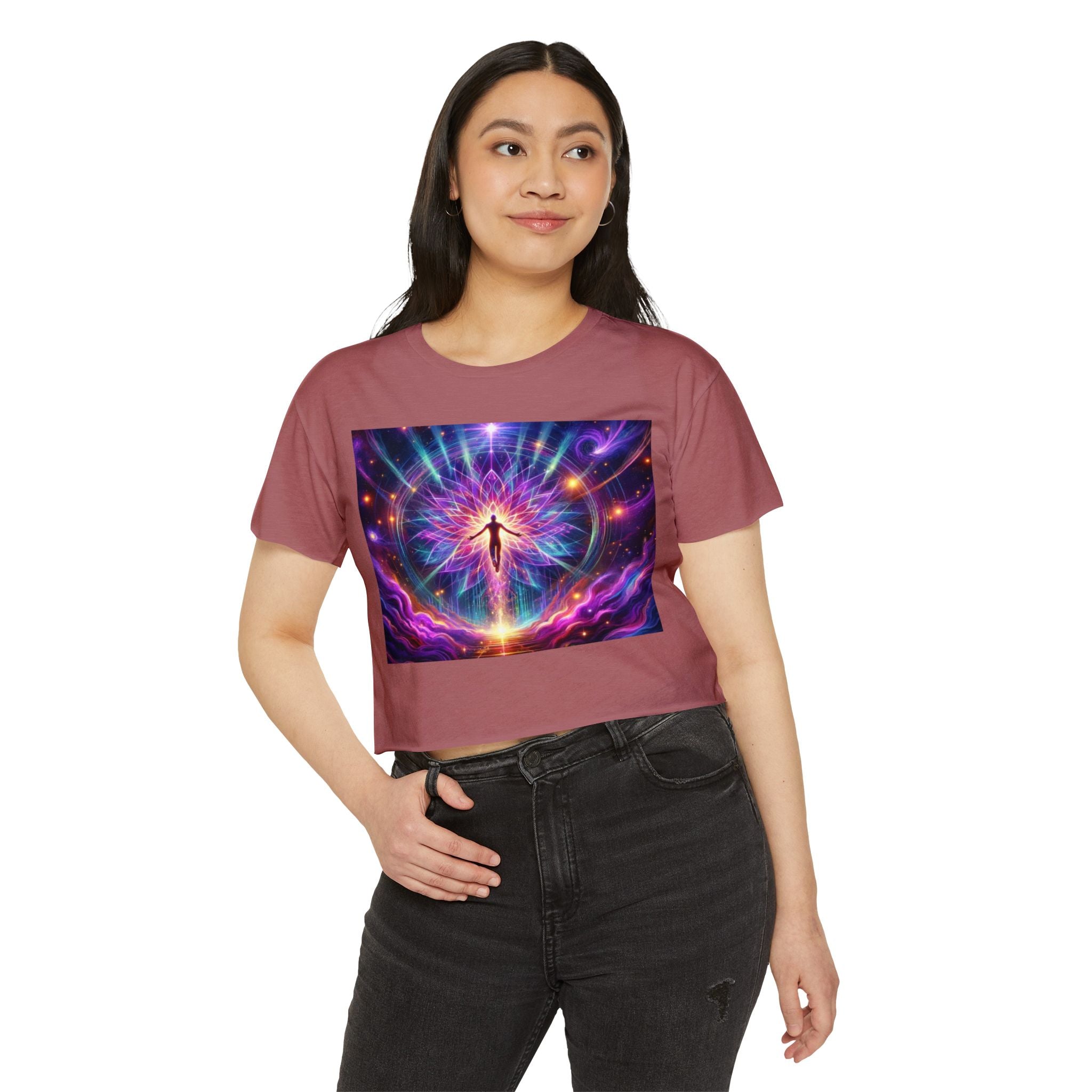 Colorful Cosmic Women's Festival Crop Top, Boho Summer Shirt, Music Festival Wear, Psychedelic Tee, Yoga Top, Gift for Her