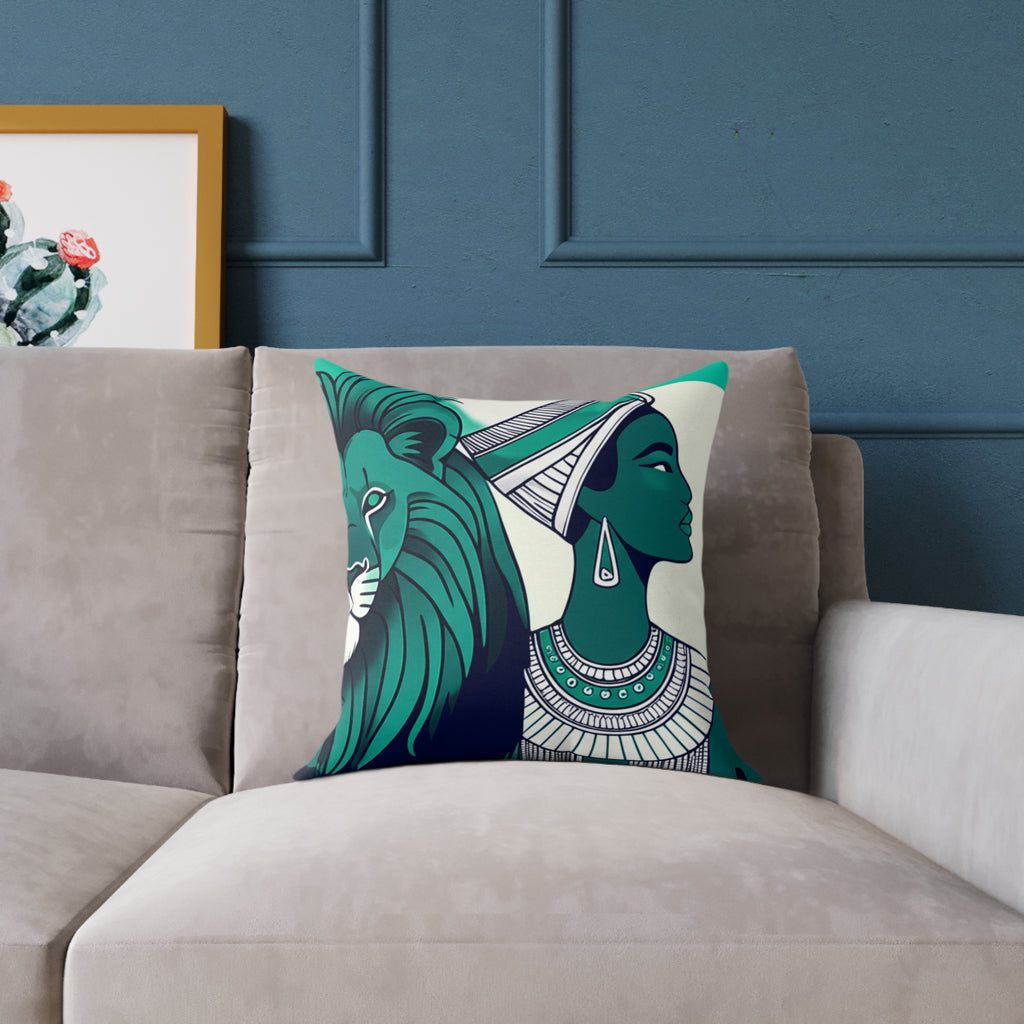 Cultural Art Decorative Pillow, Ethnic Home Decor, Lion and Woman Accent Cushion, Sofa Throw Pillow, Unique Gift Idea