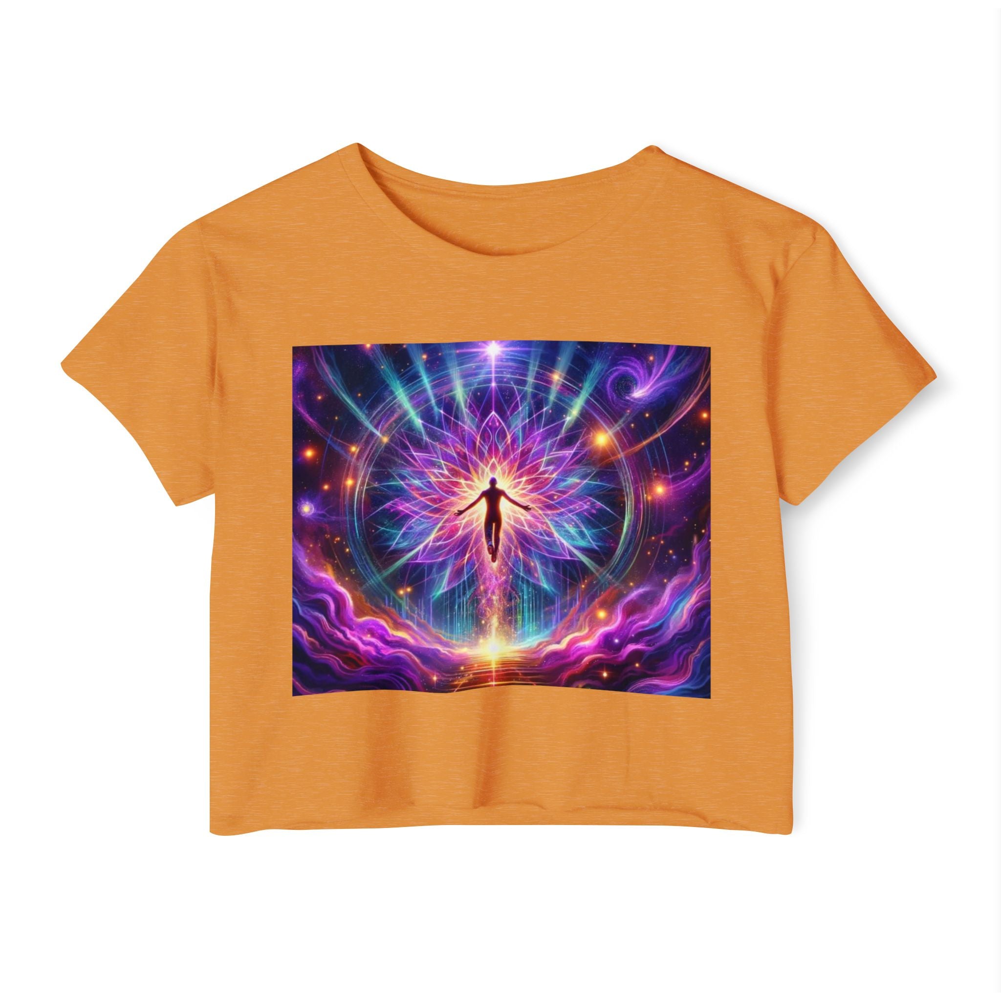 Colorful Cosmic Women's Festival Crop Top, Boho Summer Shirt, Music Festival Wear, Psychedelic Tee, Yoga Top, Gift for Her