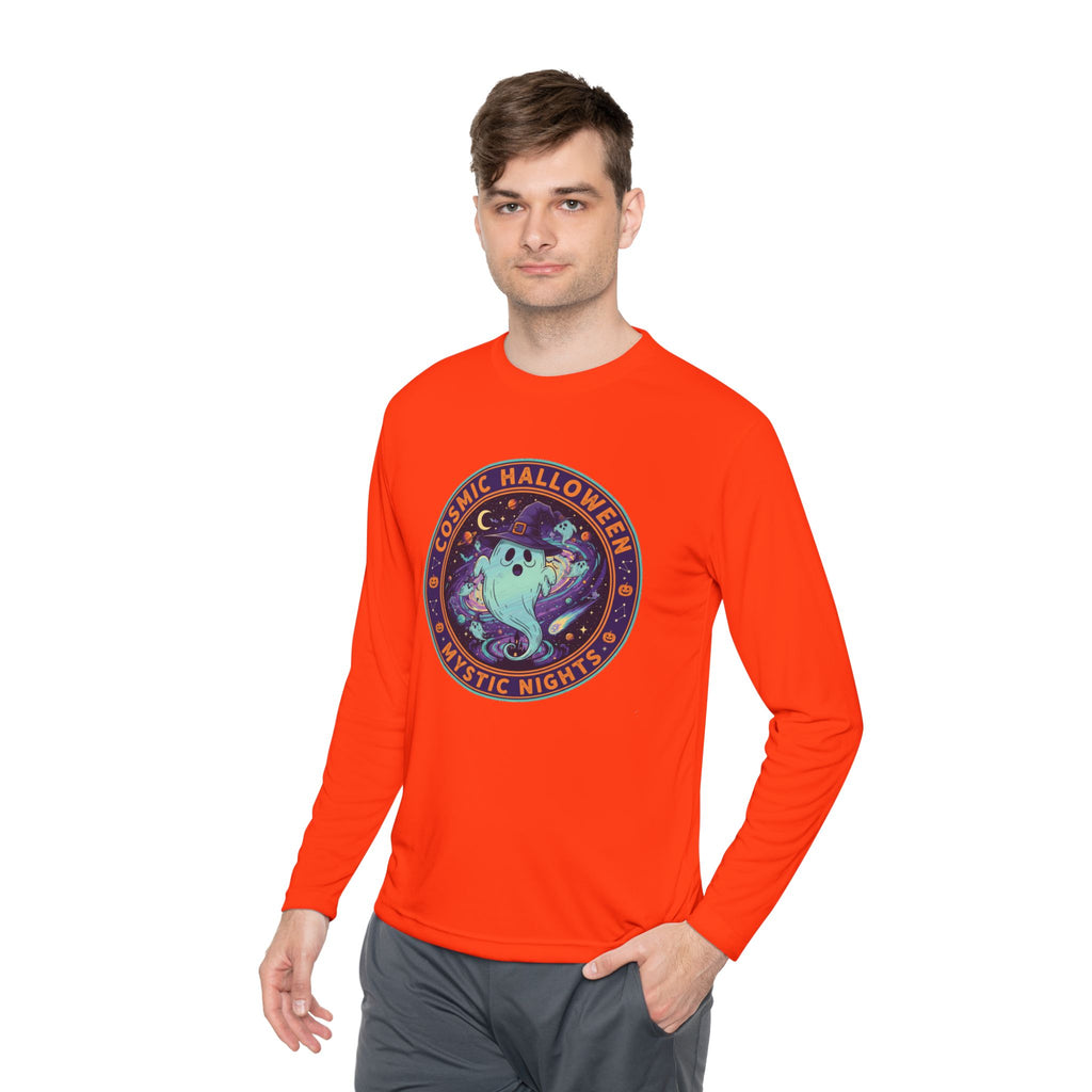 Cosmic Halloween Unisex Lightweight Long Sleeve Tee, Spooky Apparel for Fall, Ghost Graphic Tee, Mystic Nights Shirt, Halloween Fashion