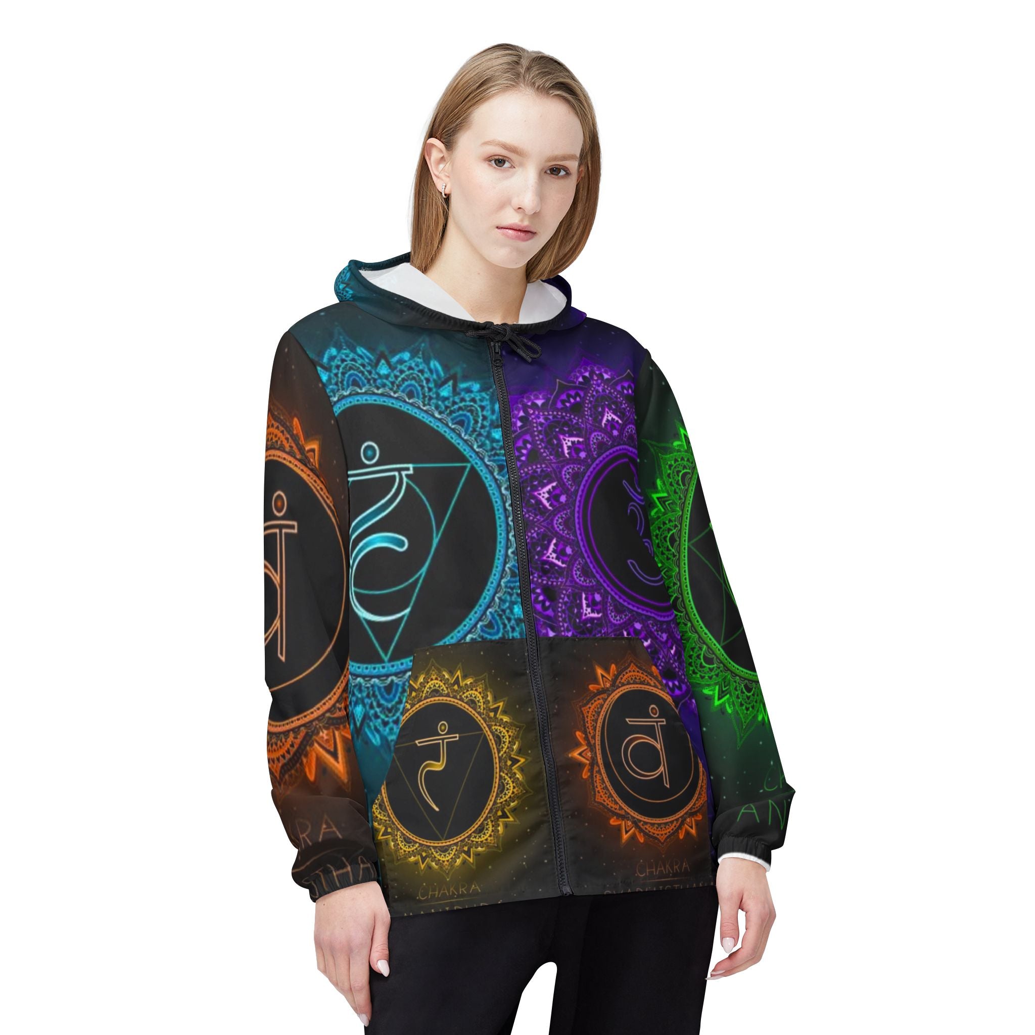 Chakra Windbreaker Jacket - Colorful AOP, Spiritual Rain Gear, Unisex Outdoor Apparel, Yoga Retreat Gift, Festival Essentials