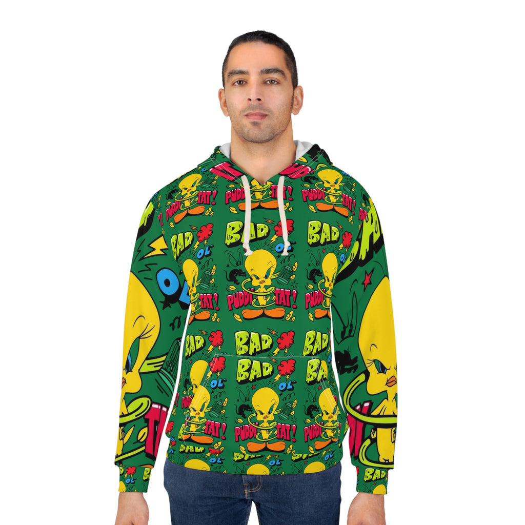 Bold Cartoon Hoodie, Fun Unisex Pullover, Cartoonish Style, Unique Gift for Tweety Fans, Playful Apparel for Kids and Adults