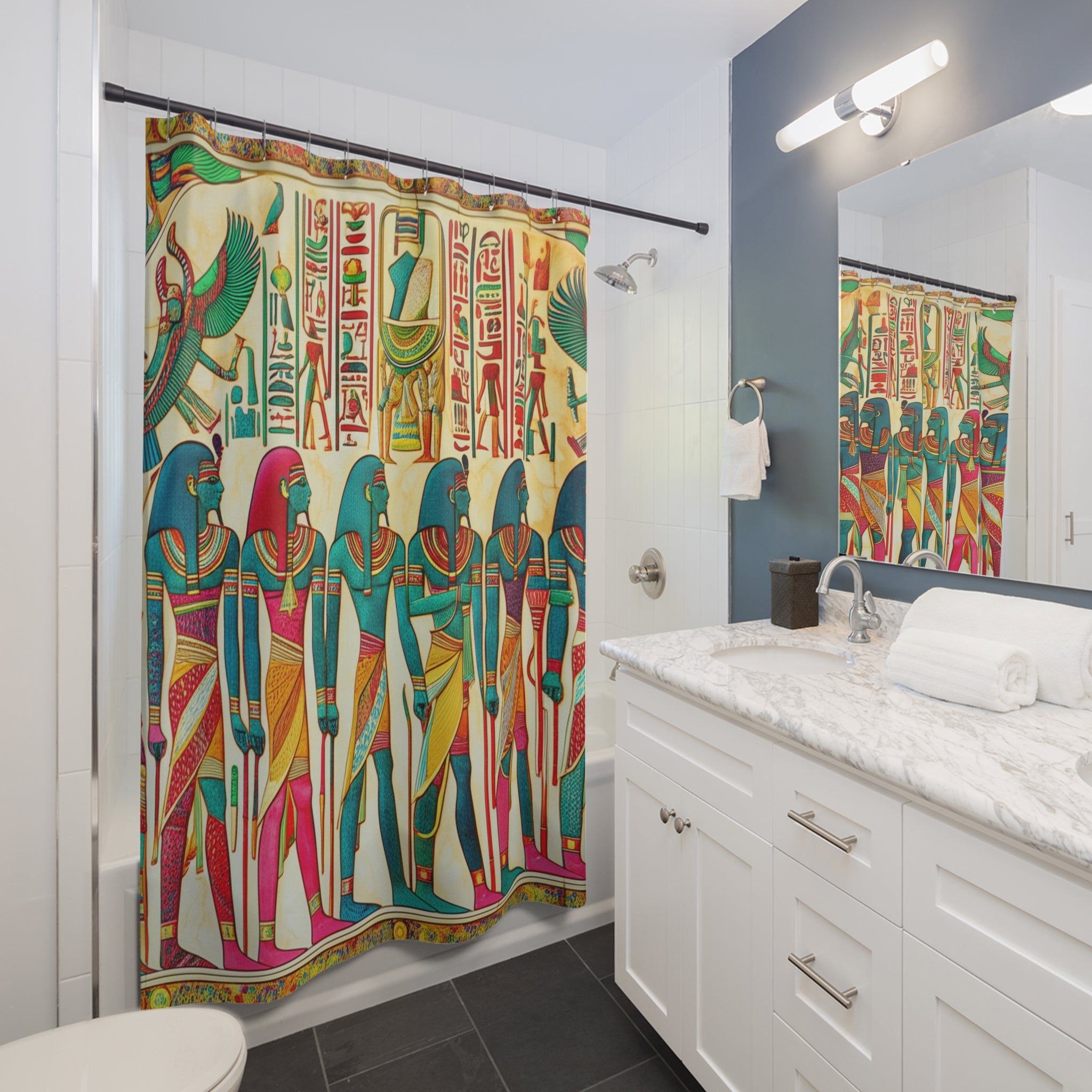 Vibrant Egyptian Print Shower Curtain, Boho Bathroom Decor, Unique Home Accessory, Gifts for Egypt Lovers, Stylish Bathing Experience, [...]