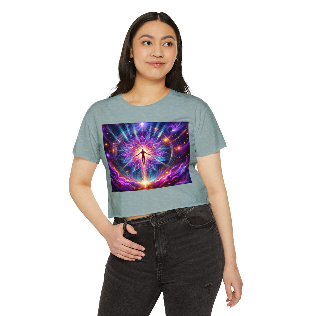 Colorful Cosmic Women's Festival Crop Top, Boho Summer Shirt, Music Festival Wear, Psychedelic Tee, Yoga Top, Gift for Her