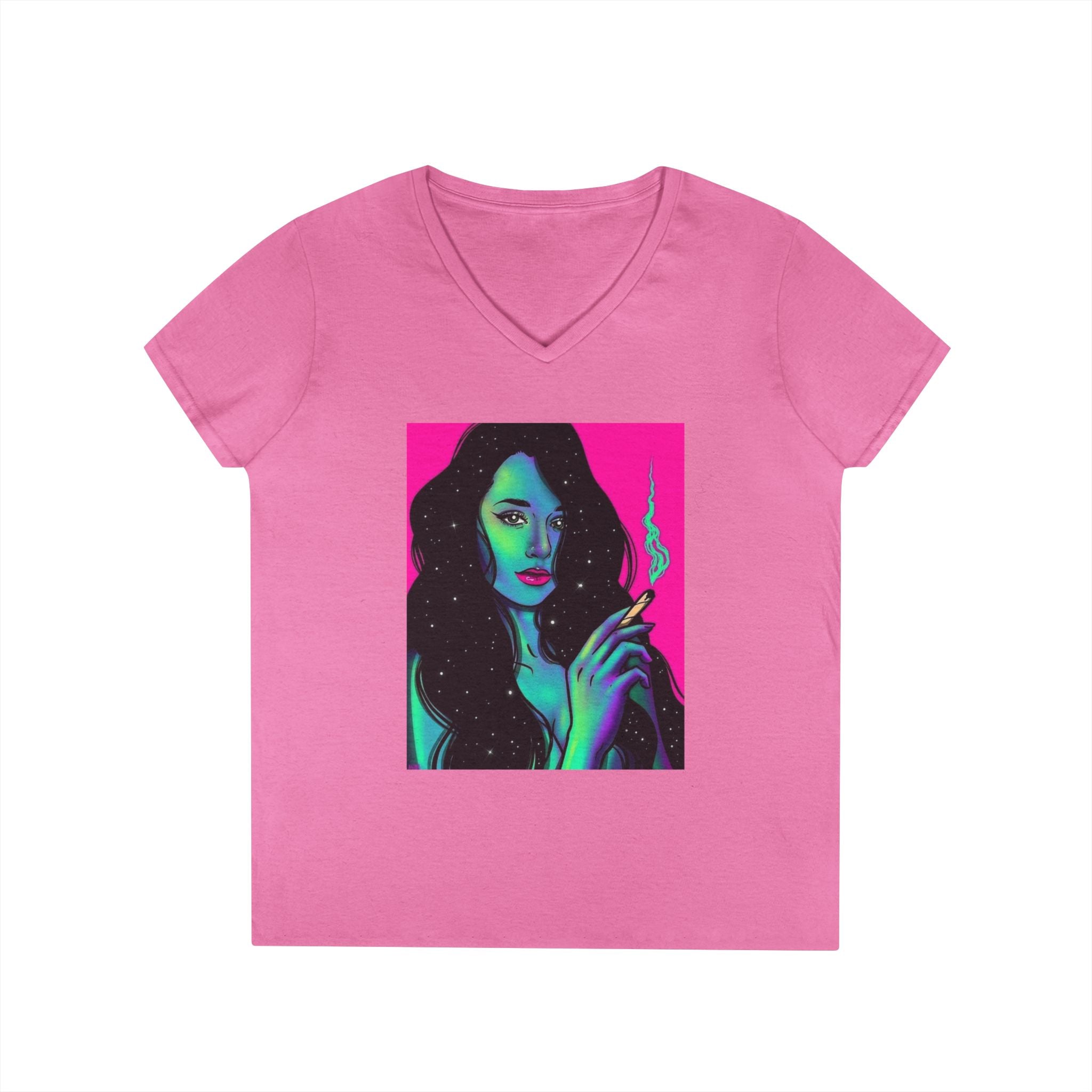 Cosmic Vibe Ladies' V-Neck T-Shirt with Mystical Artwork