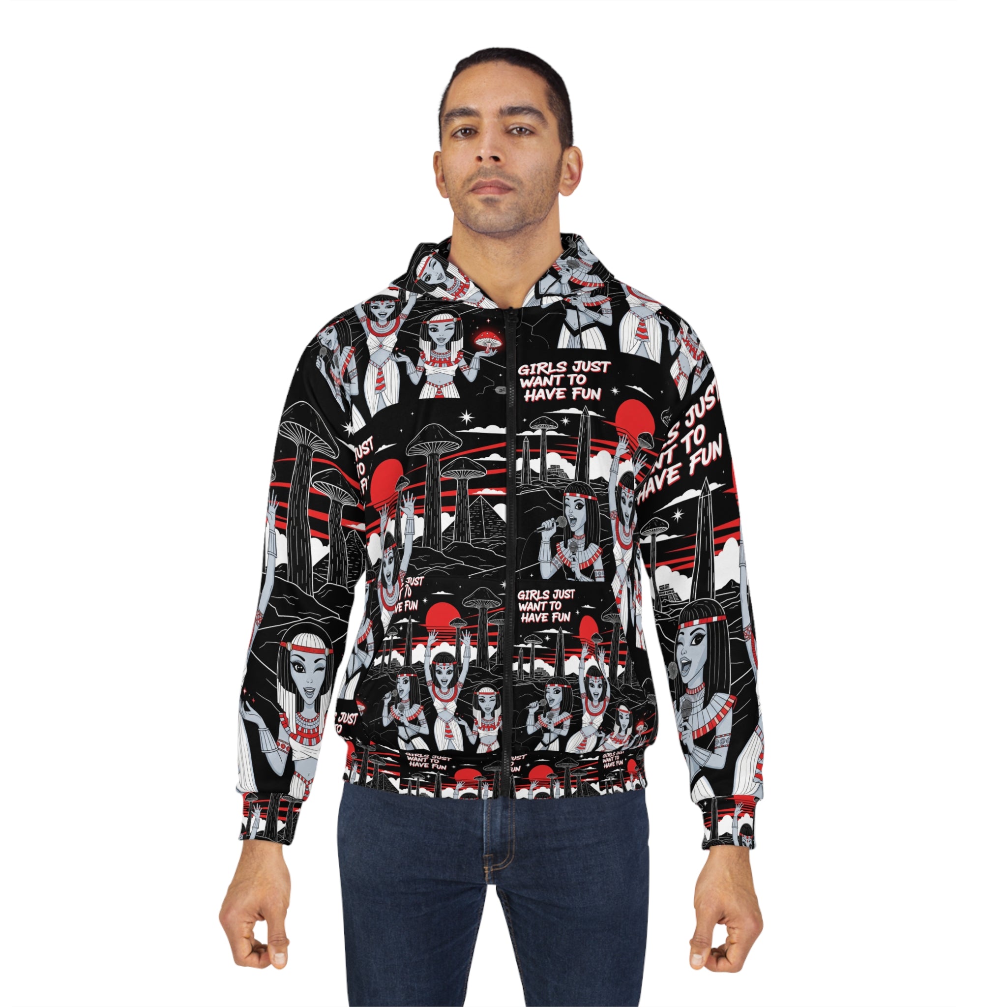 Unisex AOP Zip Hoodie - Fun Vibes Halloween Outerwear, Cozy Layer, Unique Gift for Friends, Goth Style Apparels, Festival Wear