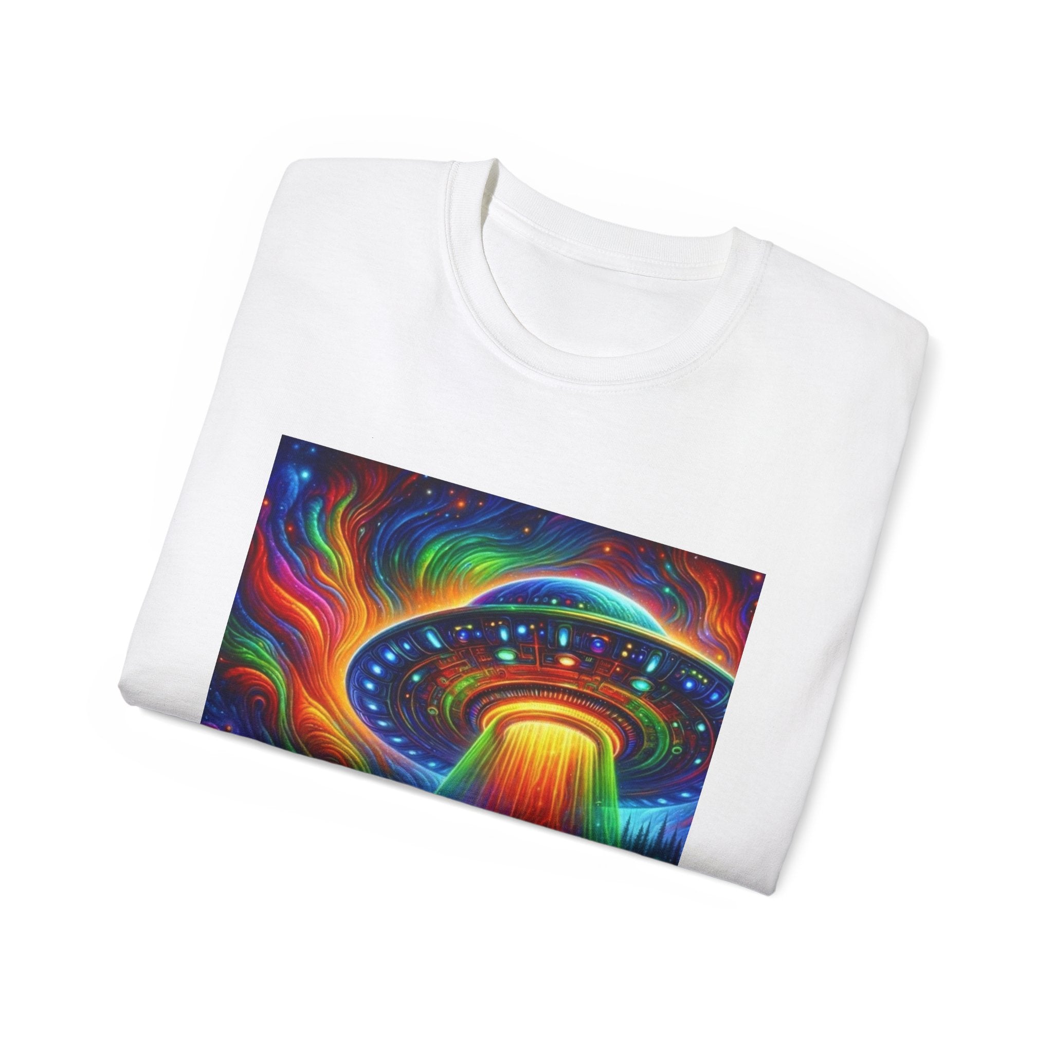 Cosmic Adventure Tee - Unisex Ultra Cotton T-Shirt, UFO Graphic Tee, Colorful Sci-Fi Shirt, Perfect for Festivals, Gift for Space Lovers