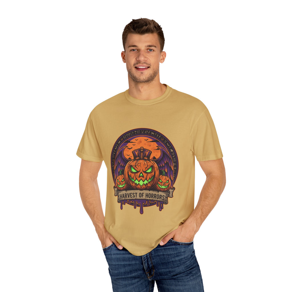 Harvest of Horrors Unisex T-shirt | Halloween Apparel, Spooky Graphic Tee, Fall Fashion, Pumpkin Shirt, October Outfit