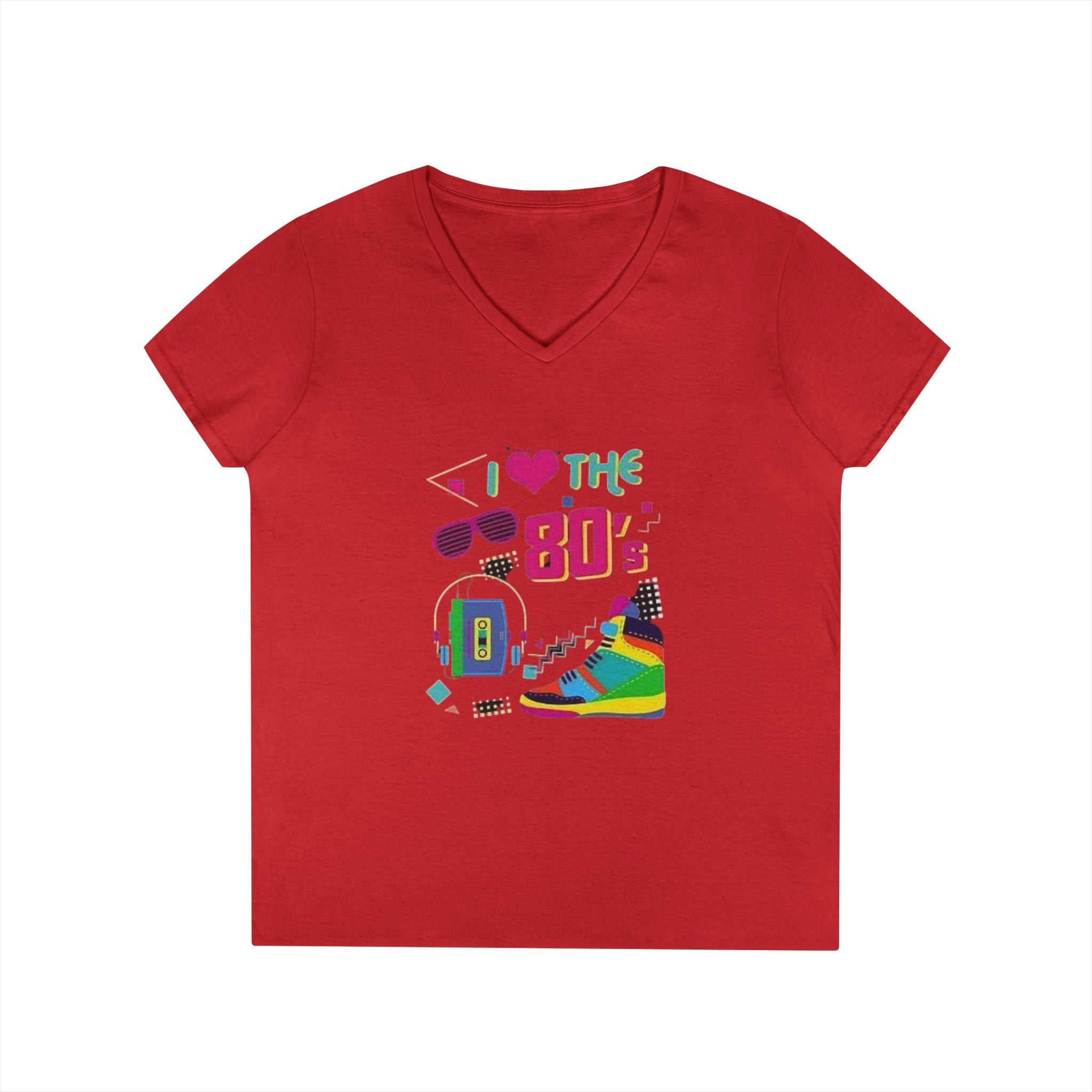 I Love The 80's Ladies' V-Neck T-Shirt, RetroStyle Tee, Vintage 80s Shirt, Perfect for Parties, Gifts for Her, Nostalgic Fashion