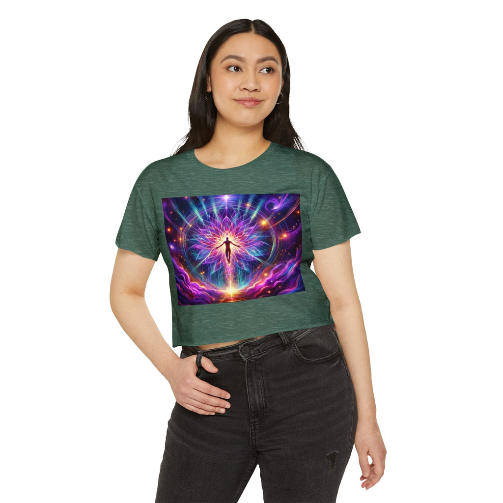 Colorful Cosmic Women's Festival Crop Top, Boho Summer Shirt, Music Festival Wear, Psychedelic Tee, Yoga Top, Gift for Her