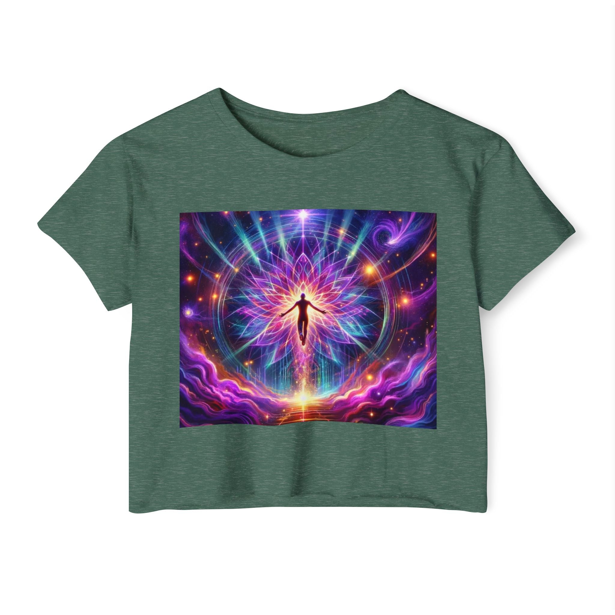 Colorful Cosmic Women's Festival Crop Top, Boho Summer Shirt, Music Festival Wear, Psychedelic Tee, Yoga Top, Gift for Her