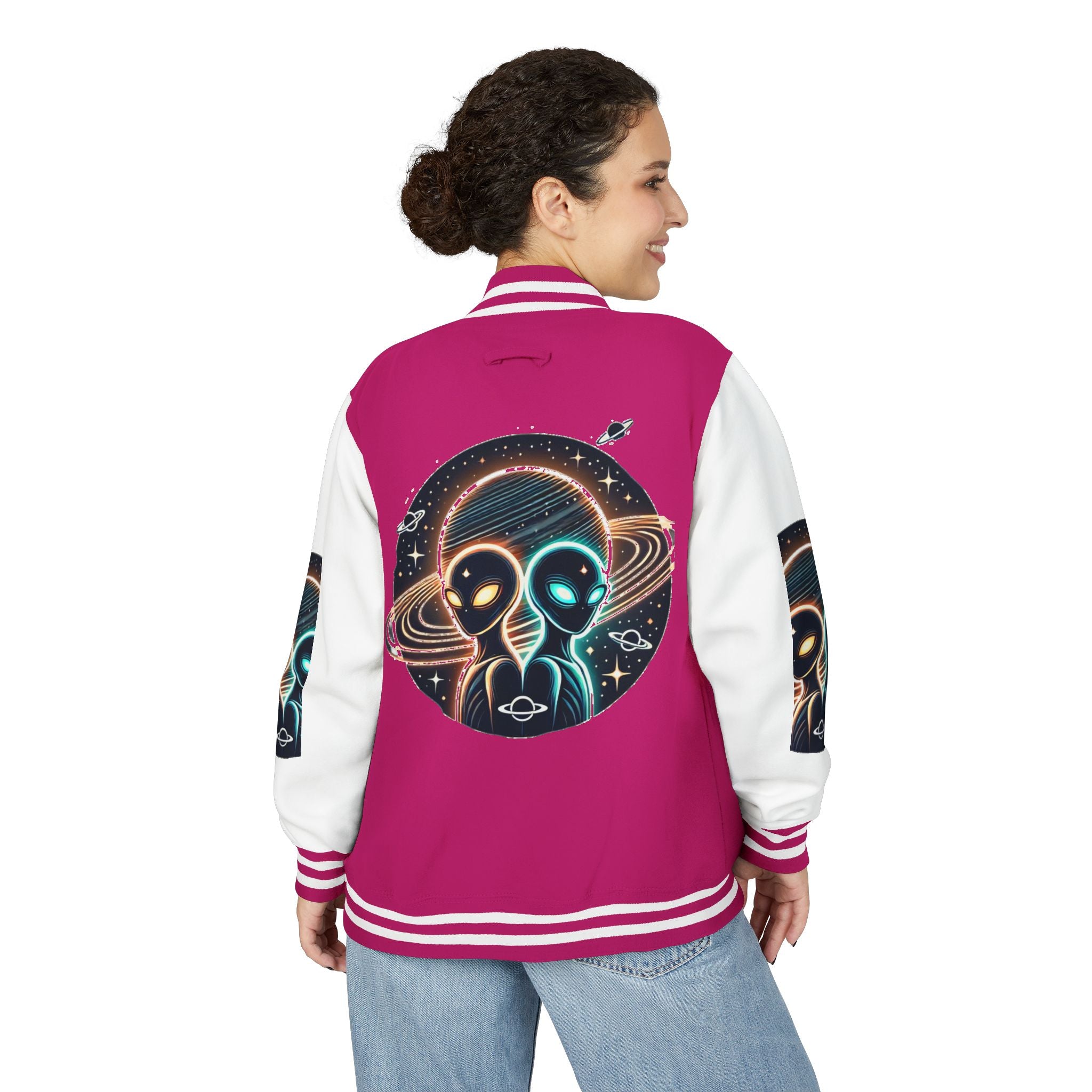 Cosmic Alien Letterman Jacket | Vintage Style Outerwear, Trendy Unisex Jacket, Space Theme Apparel, Perfect for Cosplay or Gift