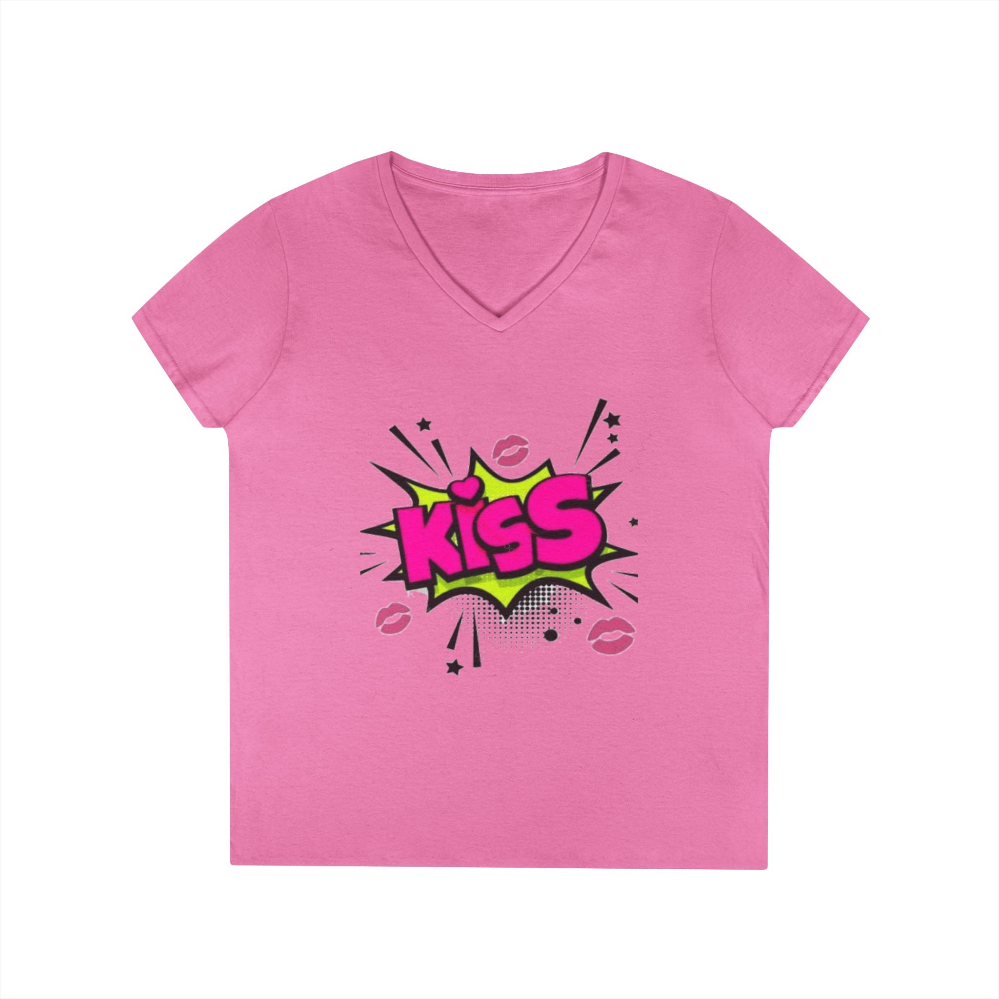 Kiss Graphic V-Neck Tee, Fun Graphic Shirt, Gift for Her, Casual Fashion, Cute Summer Top, Valentine's Day Gift