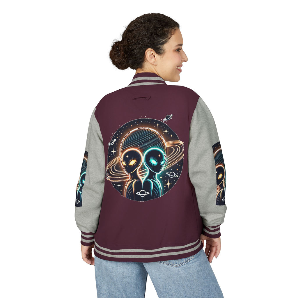 Cosmic Alien Letterman Jacket | Vintage Style Outerwear, Trendy Unisex Jacket, Space Theme Apparel, Perfect for Cosplay or Gift