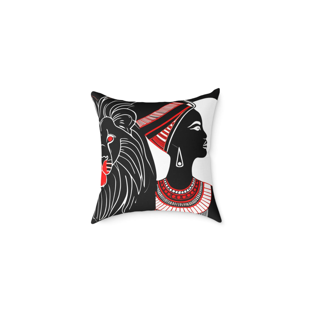 African Pride Square Pillow, Boho Decor, Lion and Woman Design, Ethnic Home Accent, Gift for Her, Cultural Cushion